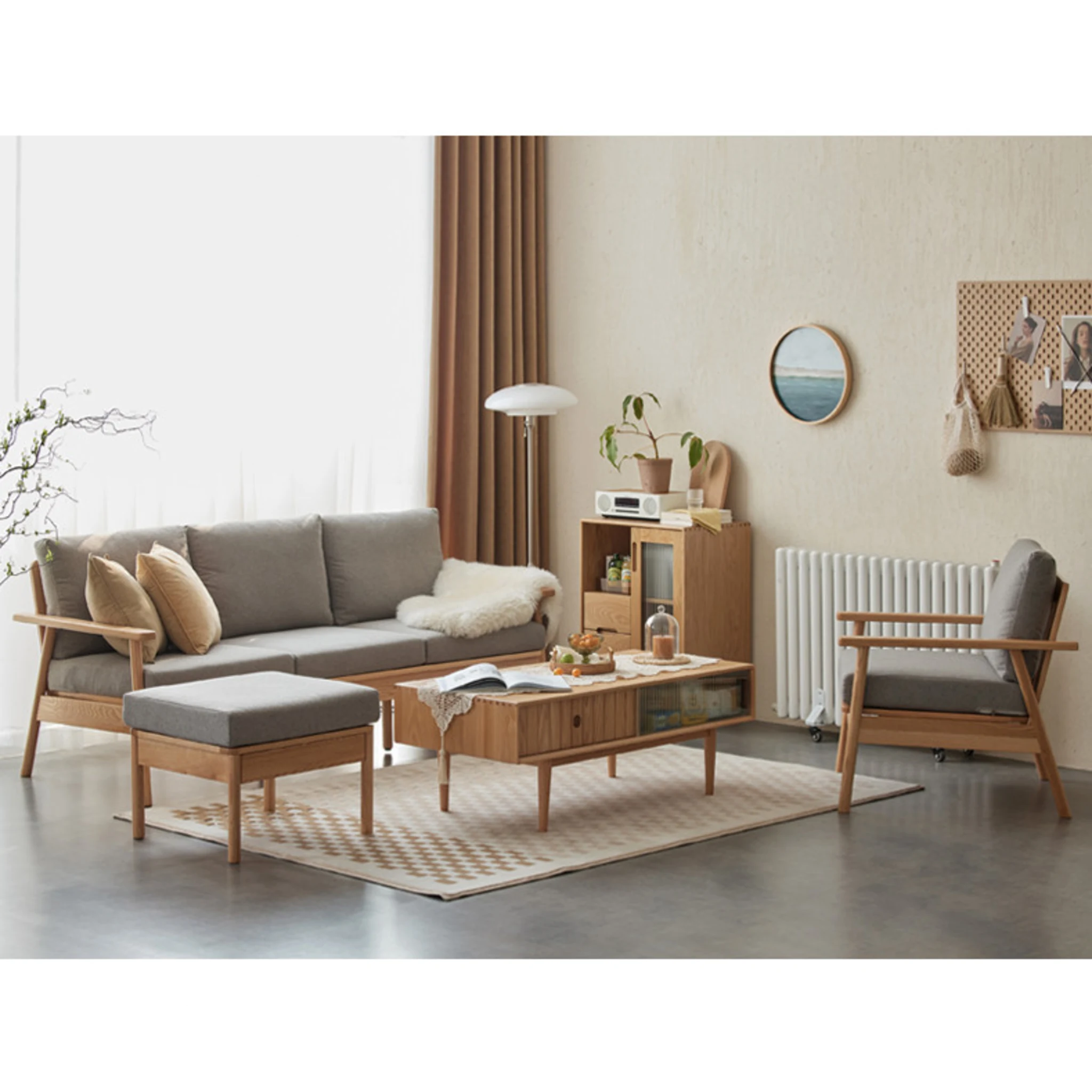 Solidwood Seattle 3-Seater Sofa,201x80CM, Grey & Natural Wood