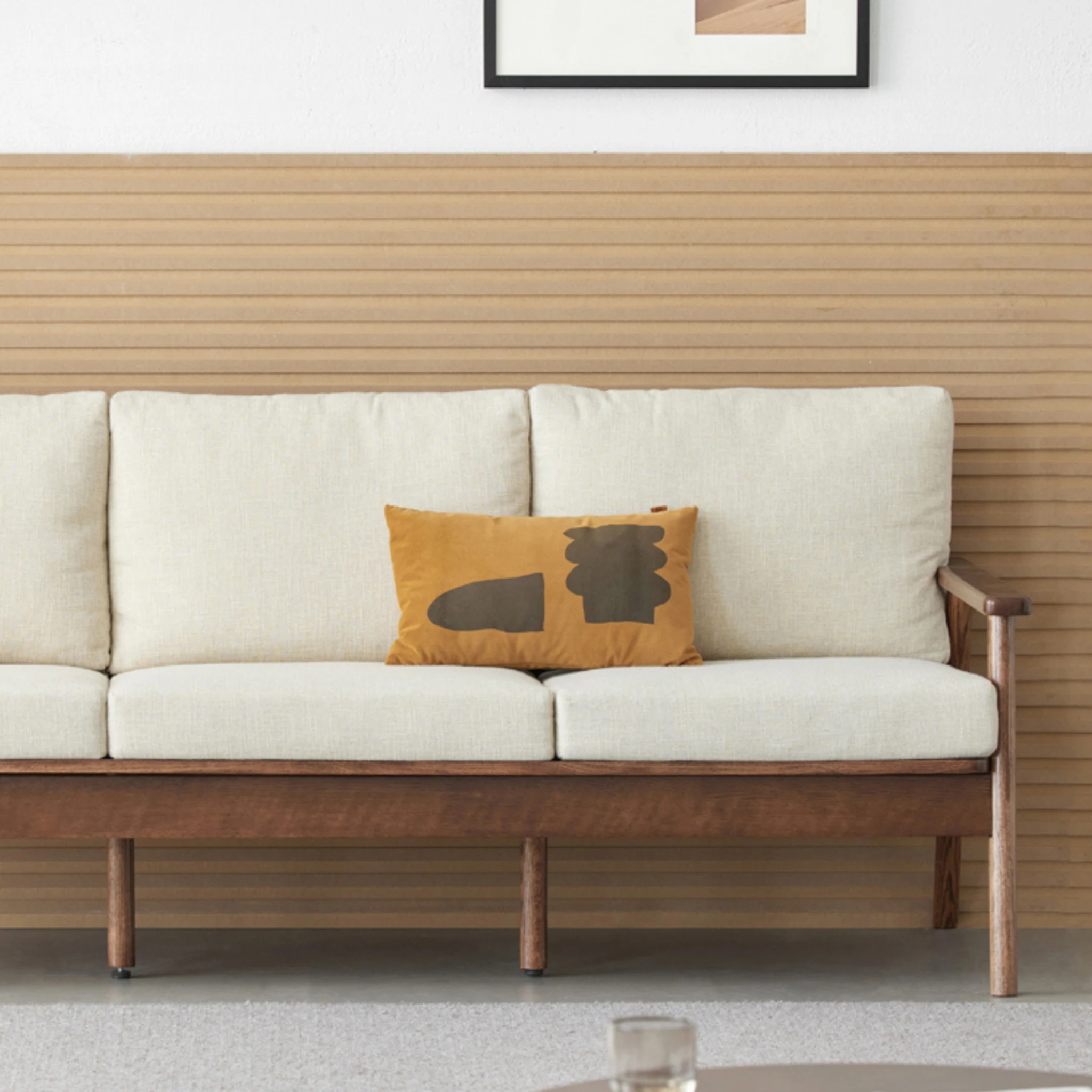 Solidwood Seattle 3-Seater Sofa,201x80CM, Beige & Dark Wood