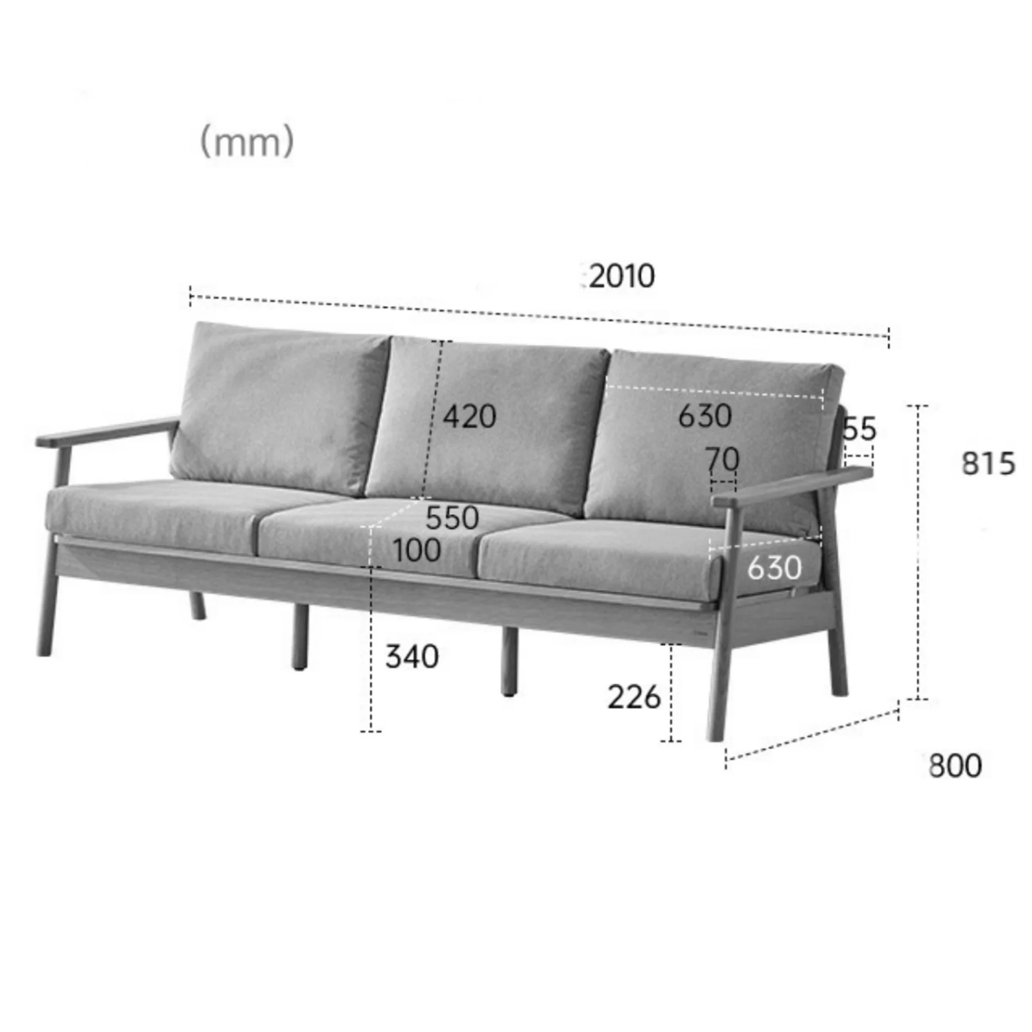 Solidwood Seattle 3-Seater Sofa,201x80CM, Beige & Dark Wood