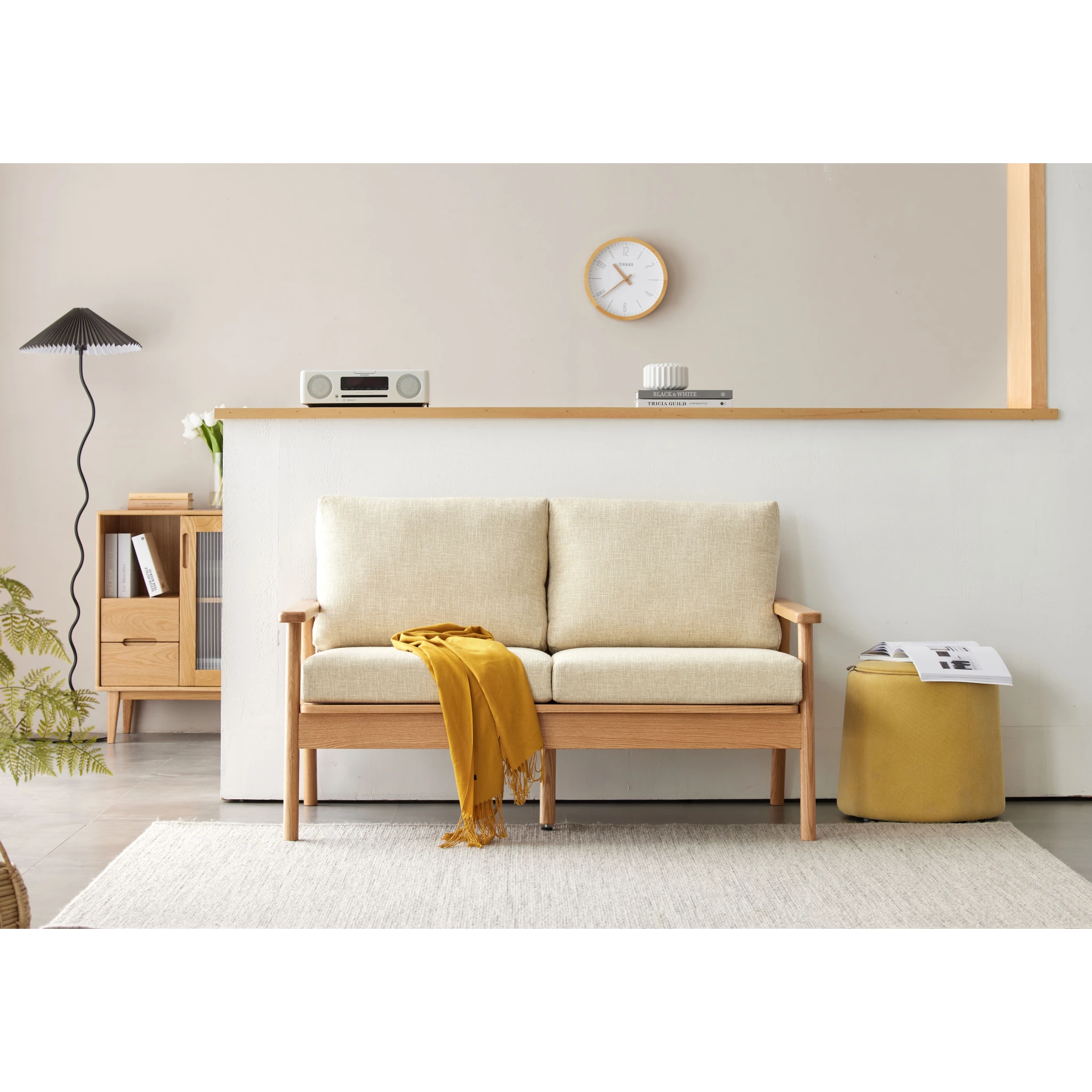Solidwood Seattle 2-Seater Sofa, 137x80CM, Beige & Natural Wood