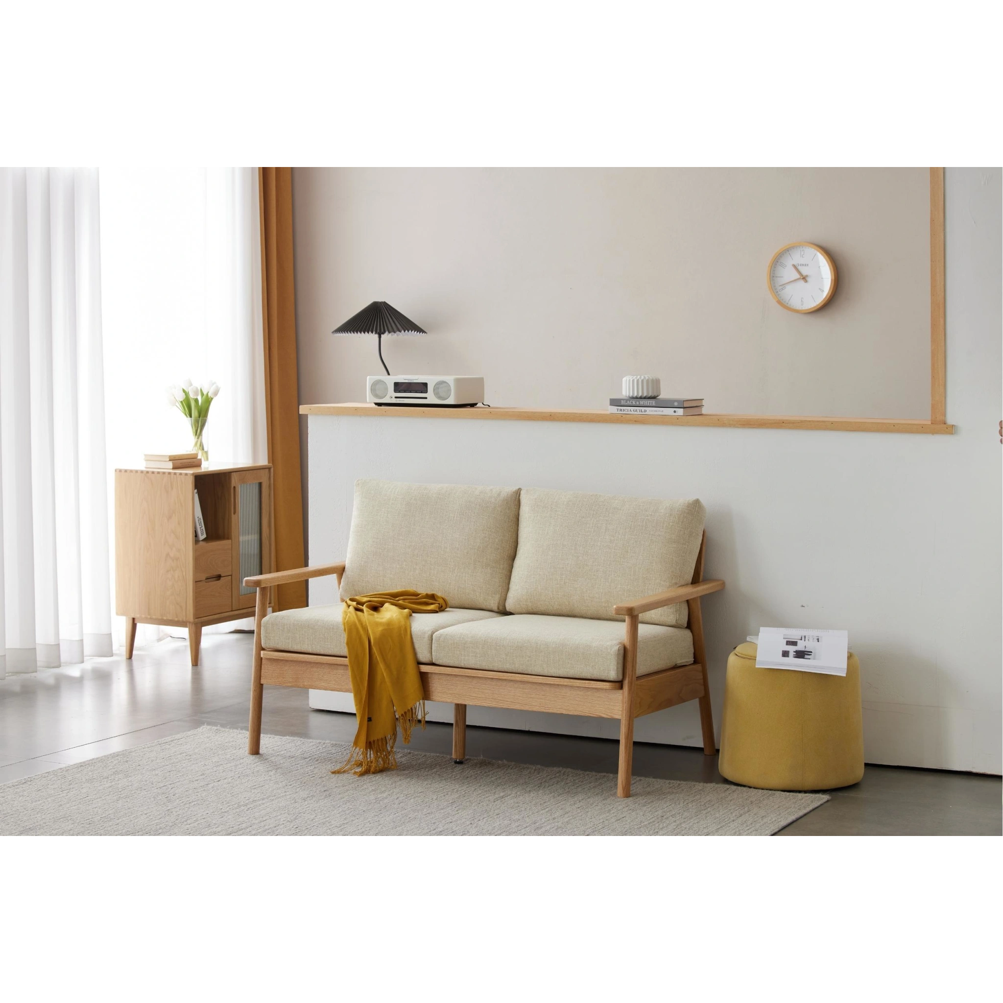 Solidwood Seattle 2-Seater Sofa, 137x80CM, Beige & Dark Wood