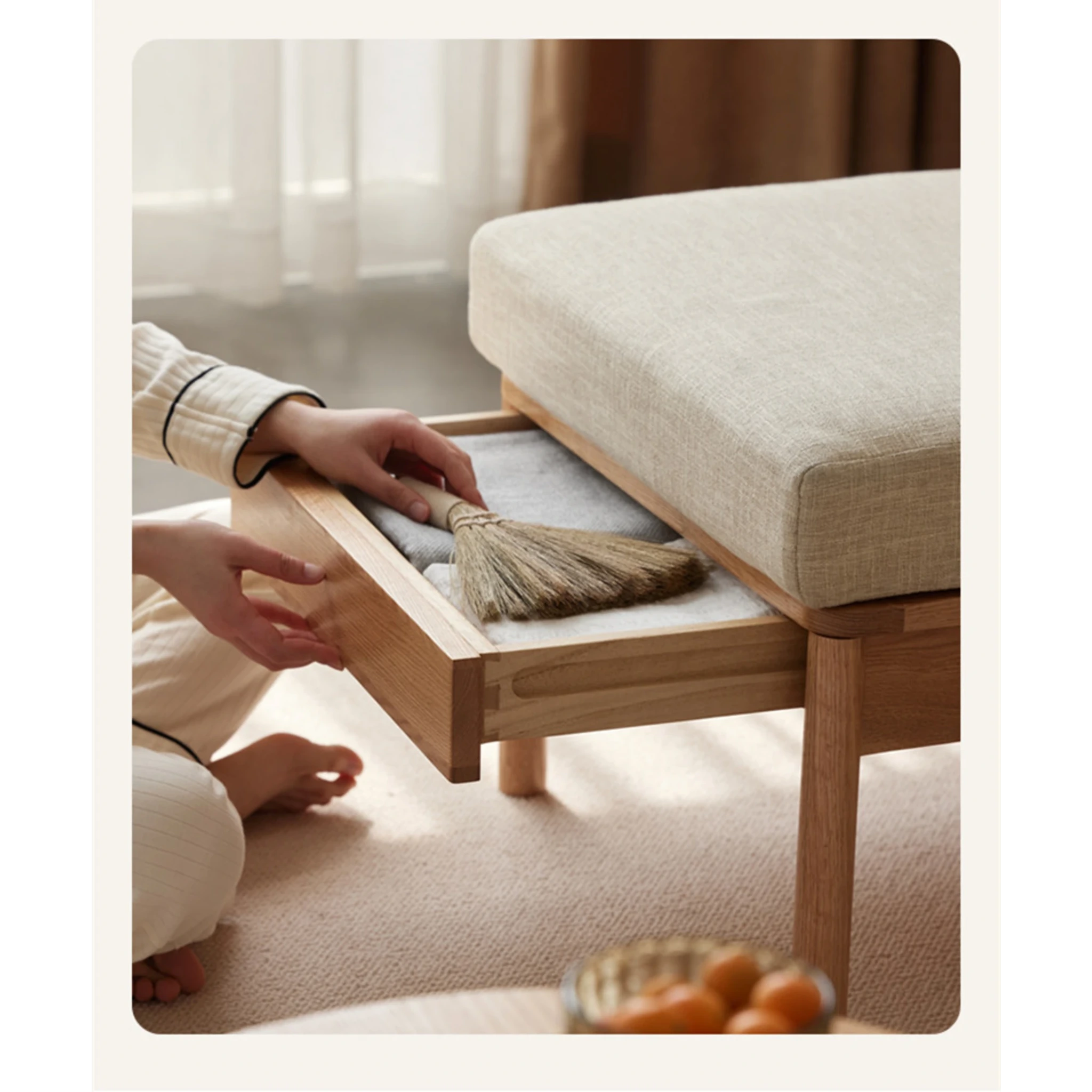 Solidwood Seattle Ottoman, 59x53CM, Beige & Natural Wood