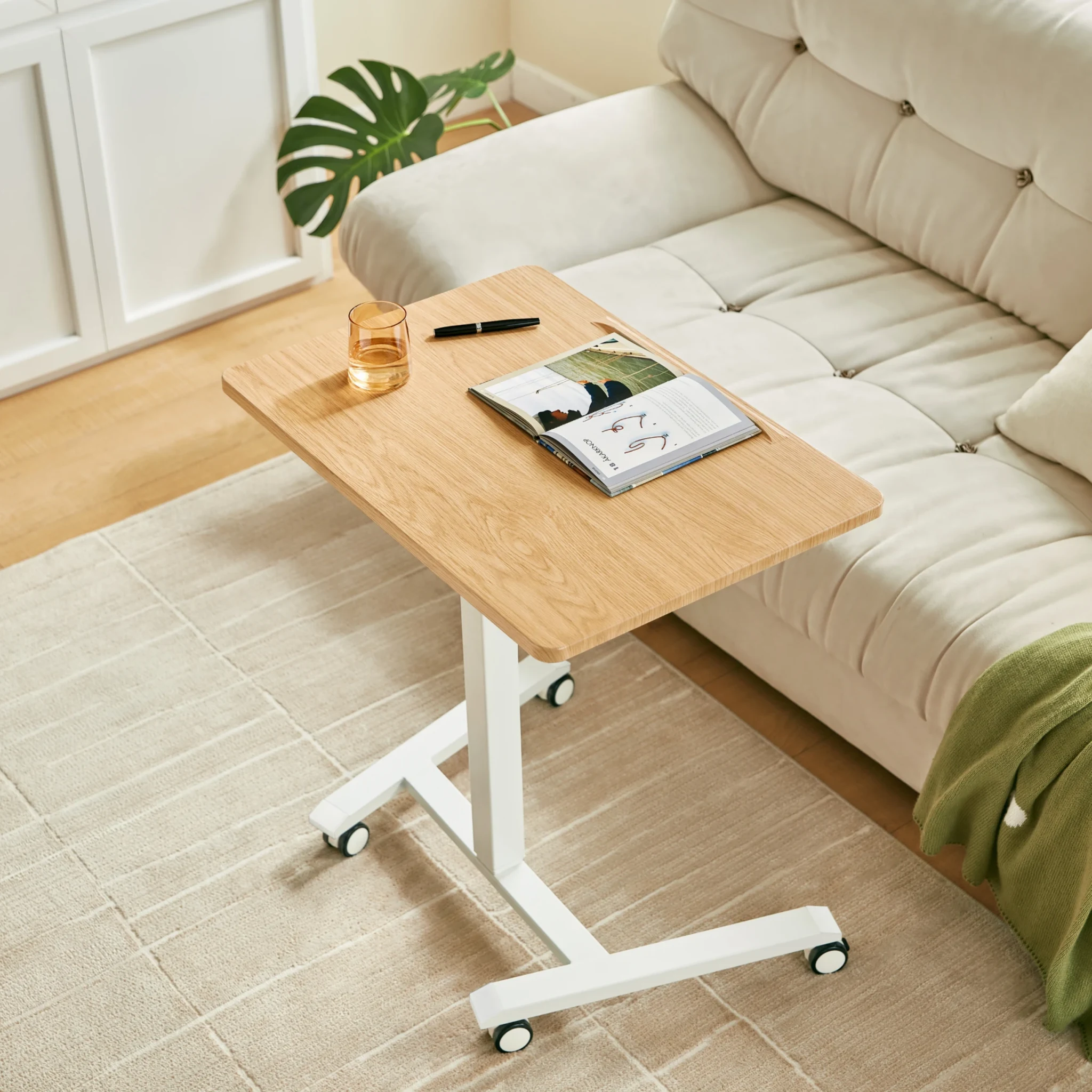 Linspire Islet Height Adjustable Pneumatic Side Table with Castors, Natural Wood