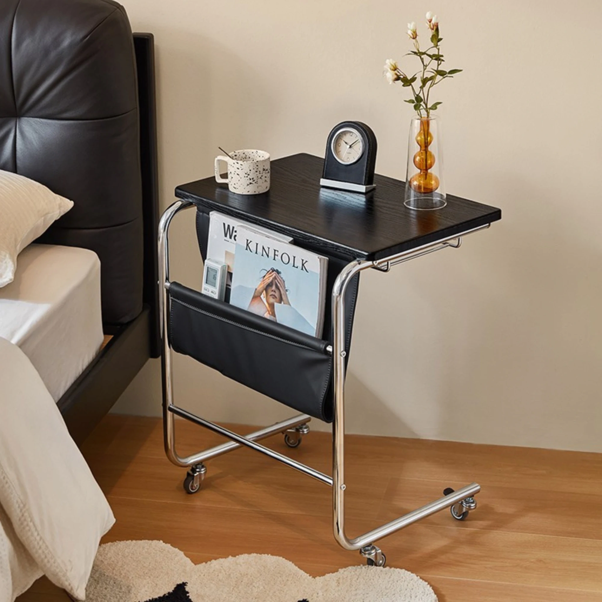 Linspire Trend Rolling Side Table with Storage, Black