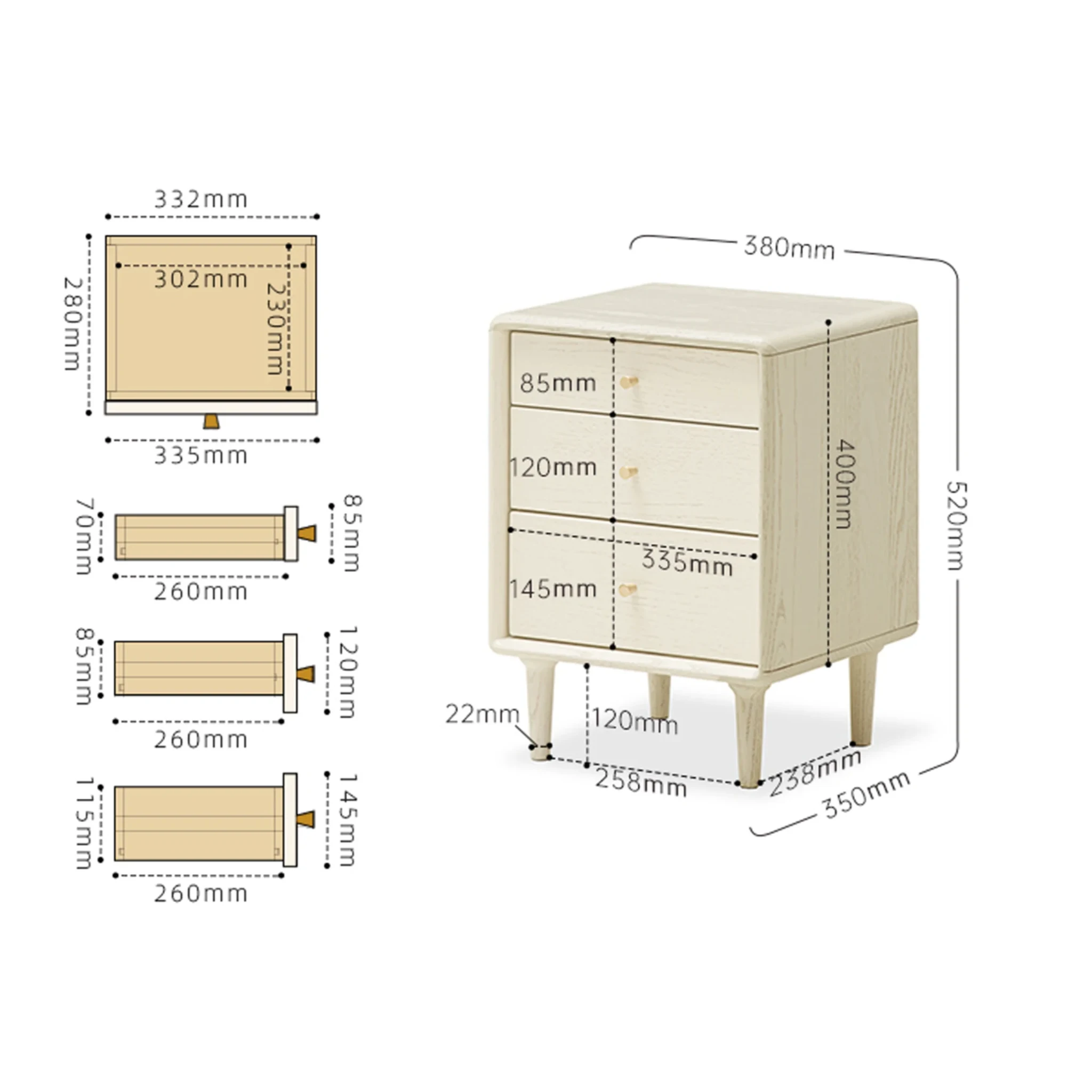 Solidwood Dolce 3-Drawer Bedside Table