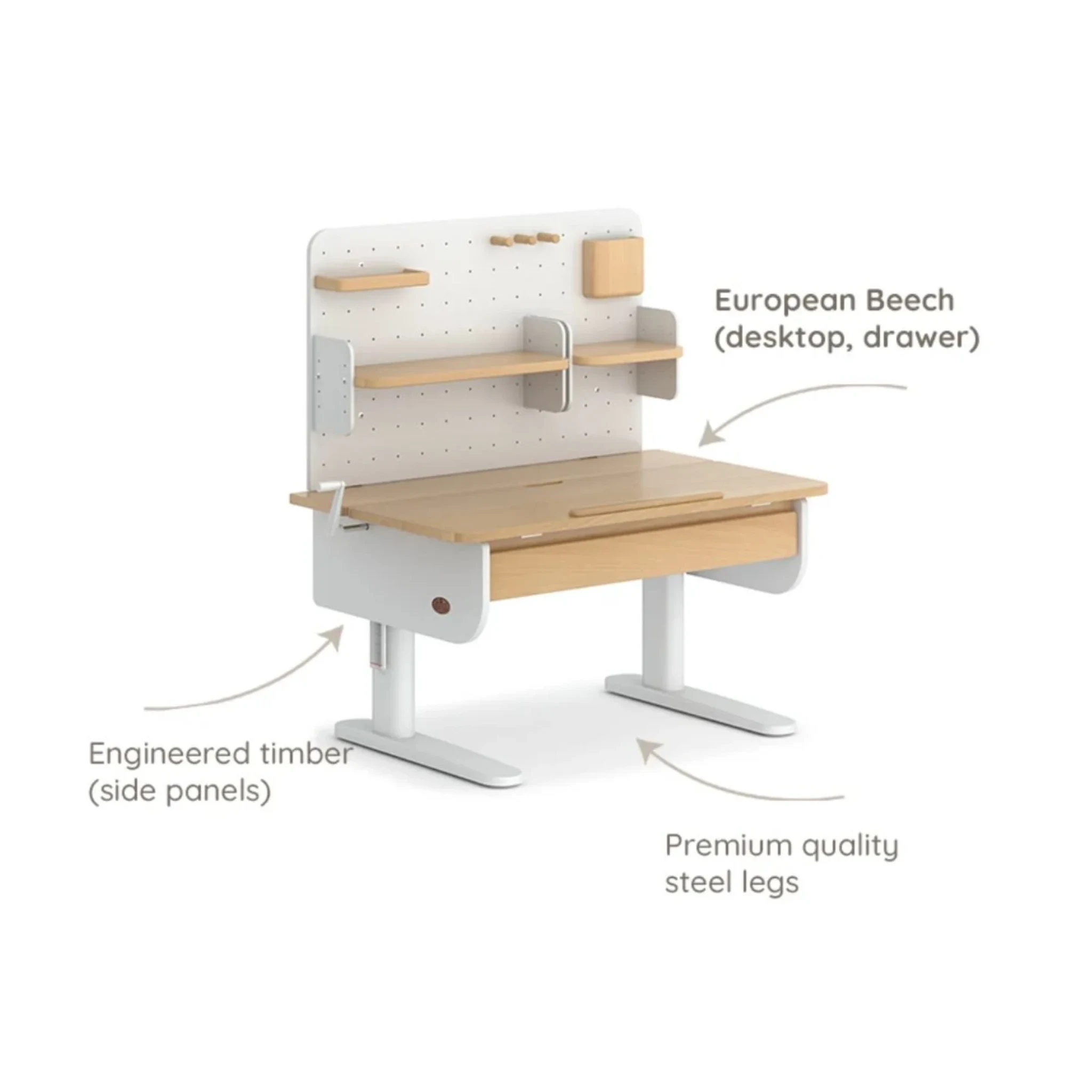 Boori Ergonomic Kids Desk (100cm) With Pegboard Hutch Package, Barley White