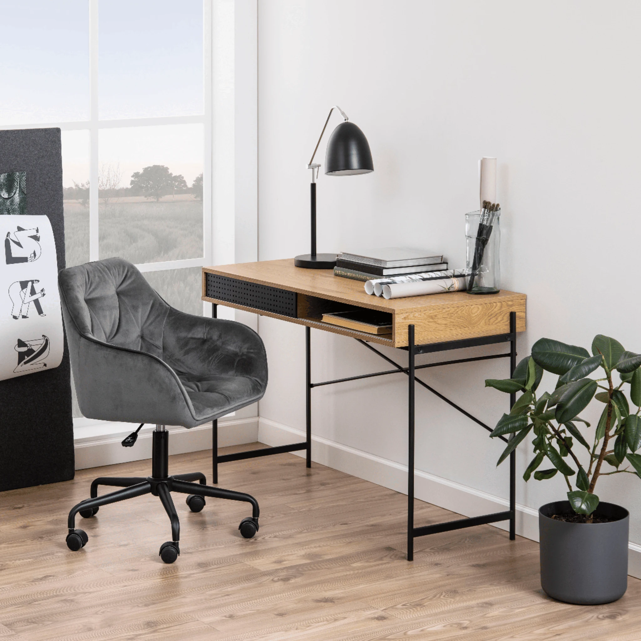 Hjem Design August Rectangular Office Desk, Natural Wood & Black
