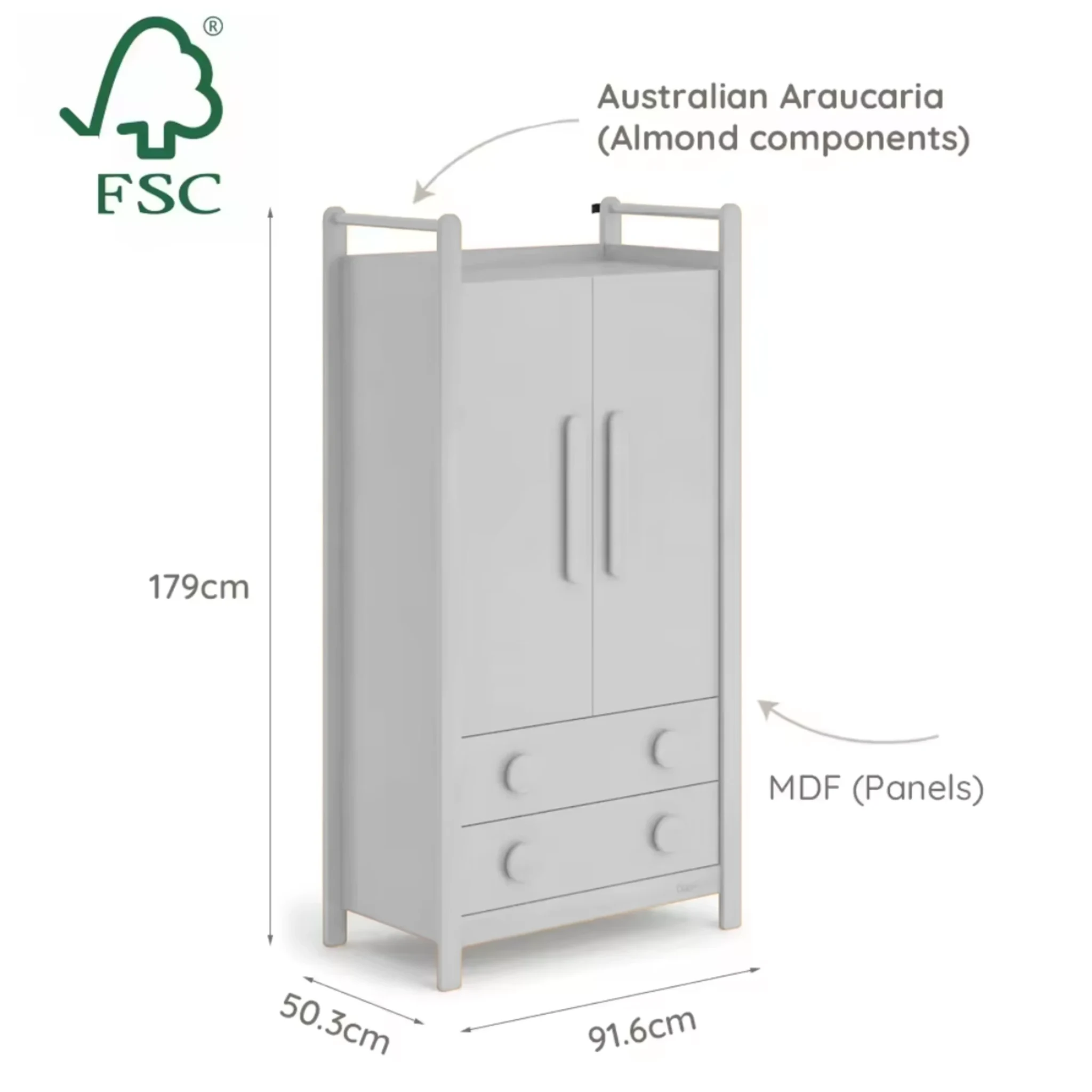 Boori Tidy Kids 2 Door Wardrobe With 2 Drawers, Barley