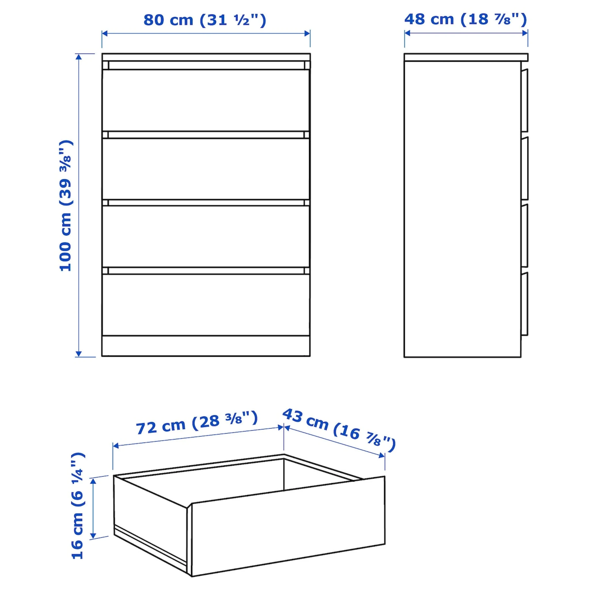 IKEA MALM Chest of 4 Drawers 80x100cm White