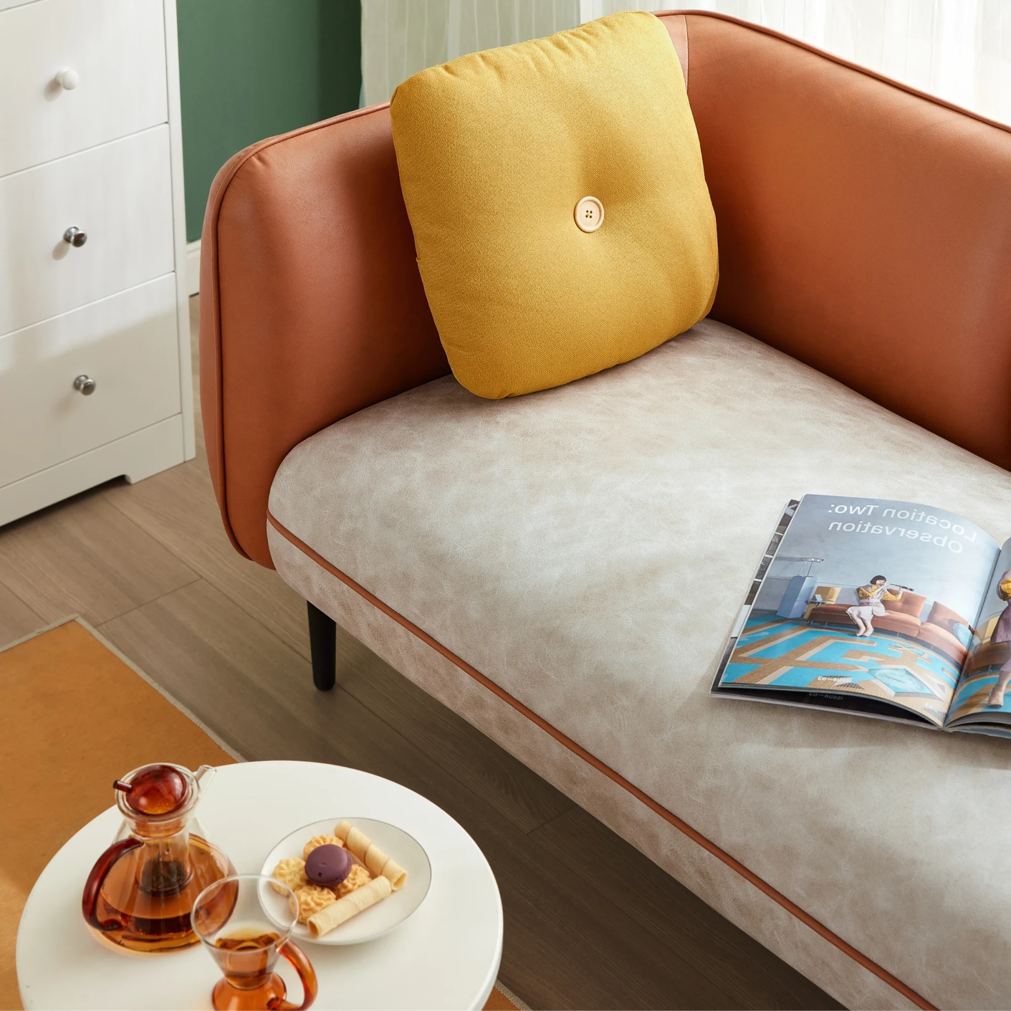 Linspire Flux Leathaire 2-Seater Sofa with Sidetable, Right Armrest, Tawny & Sand