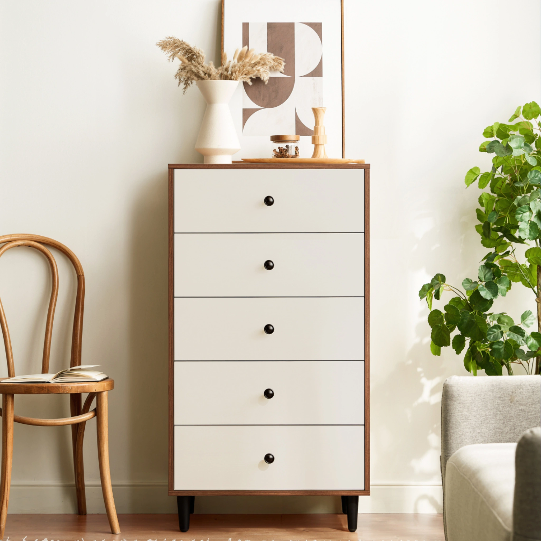 Linspire Fresko Chest of 5 Drawers, White & Dark Wood