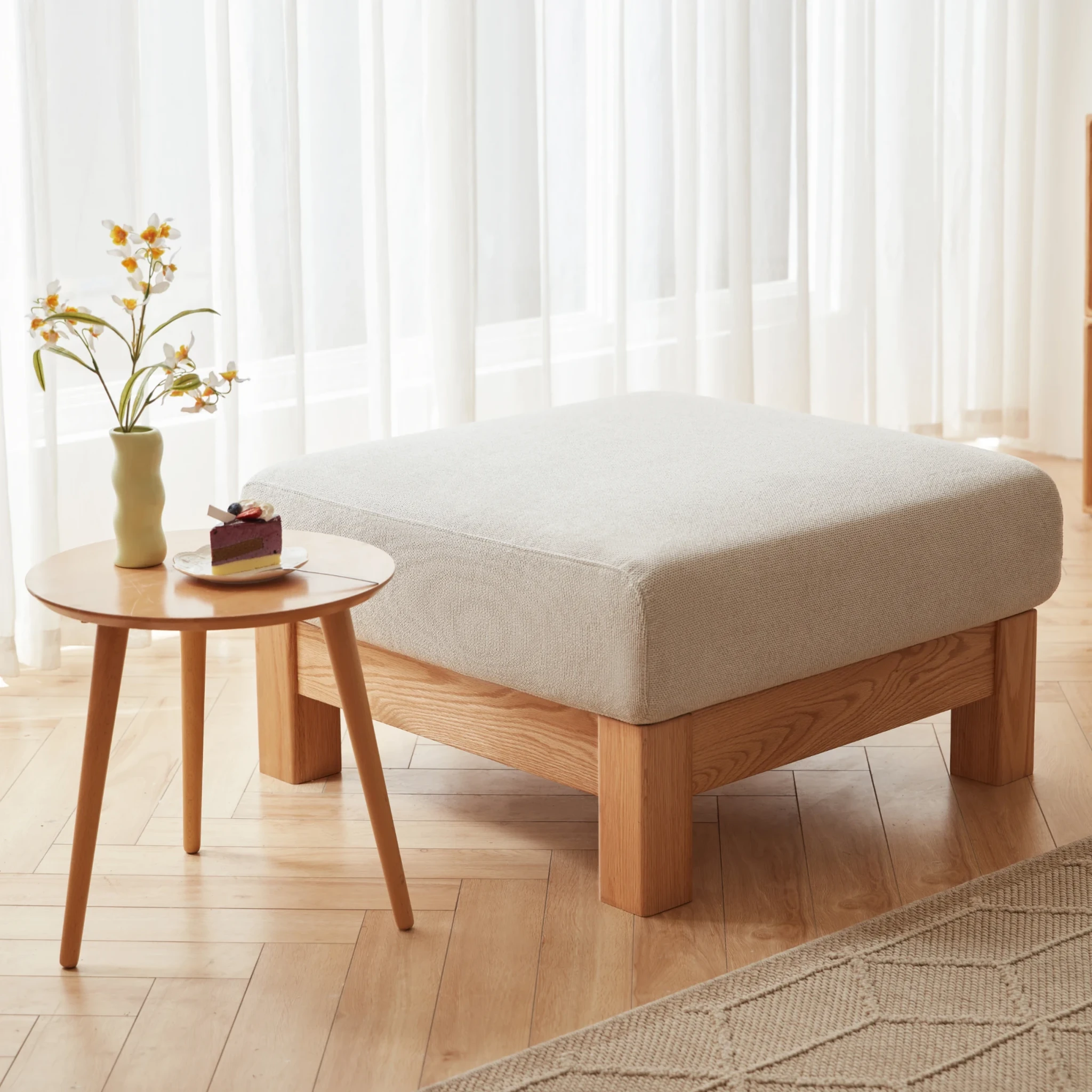 Linspire Mellow Solid Wood Ottoman, Natural Wood