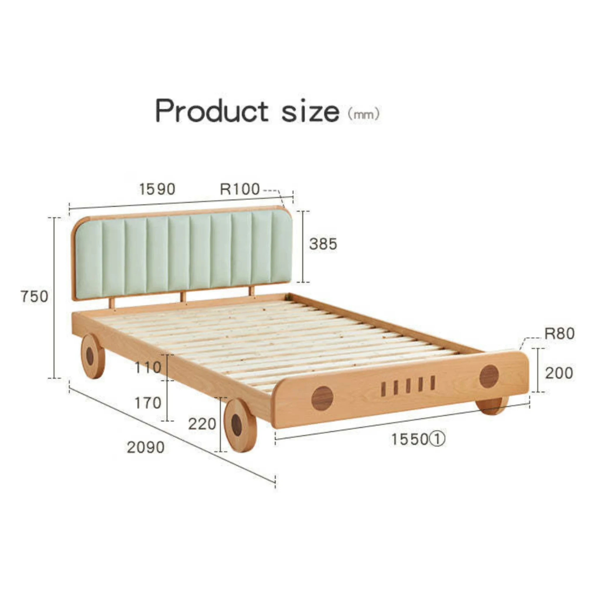 Solidwood Ayla Car Styling Global Queen Bed Frame, Natural Wood