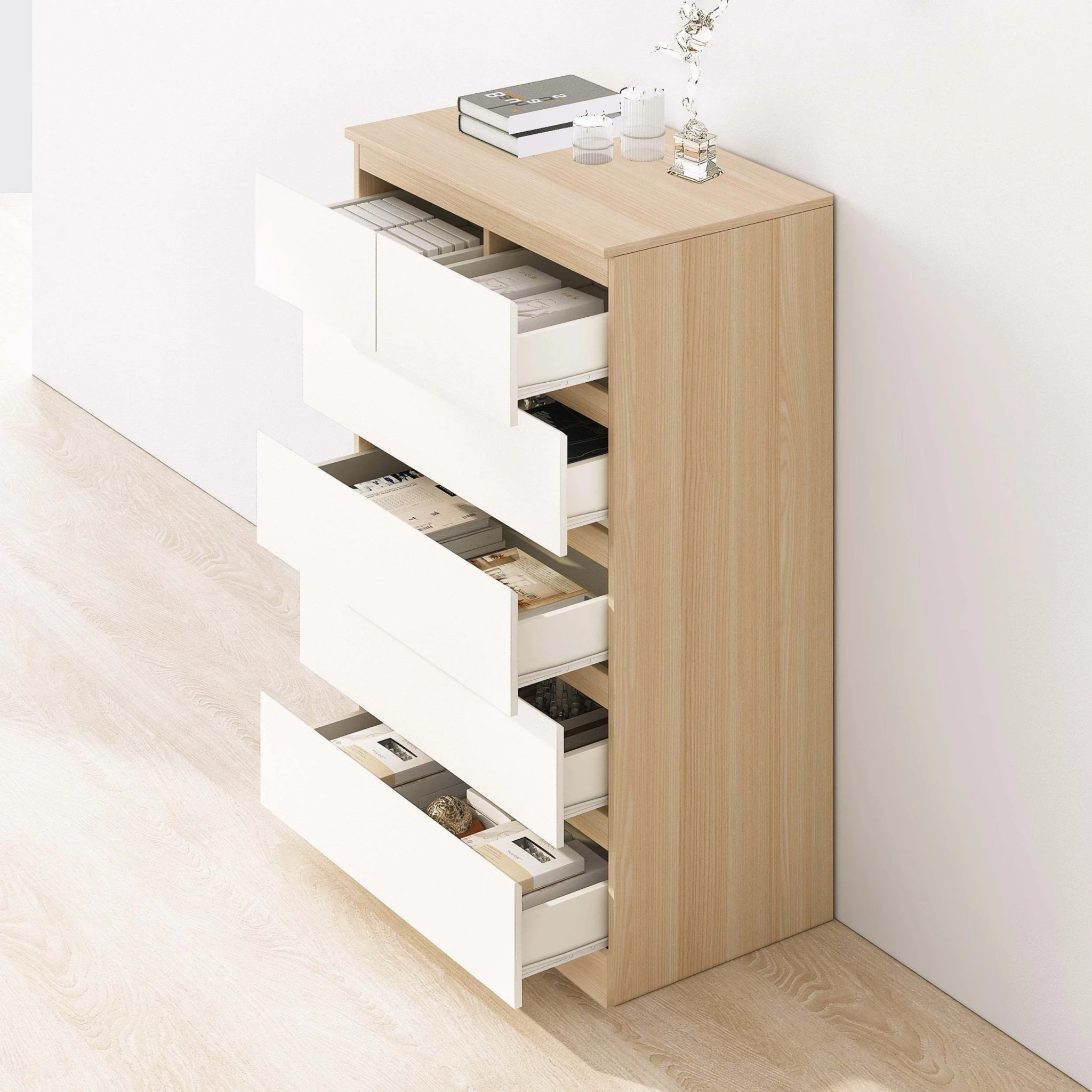 Loft Ensio Chest of 6 Drawers, Tallboy, White & Natural Wood