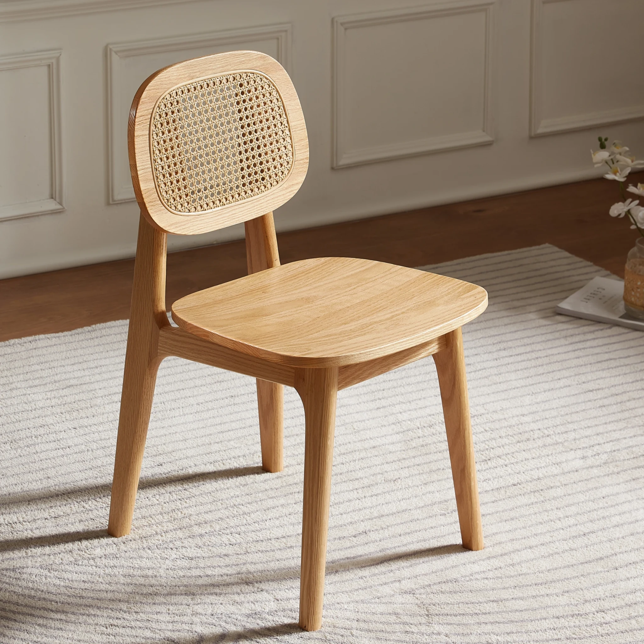 Solidwood Calamo Dining Chairs with Rattan Back, Set of 2