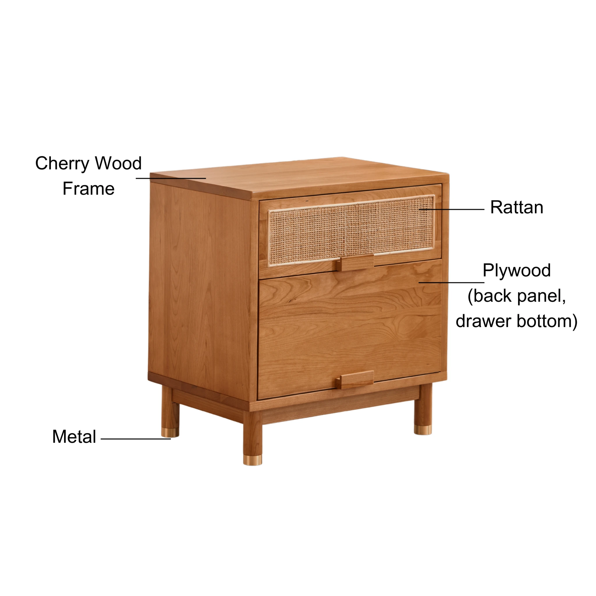 Solidwood Quartz Cherry Bedside Table with Rattan