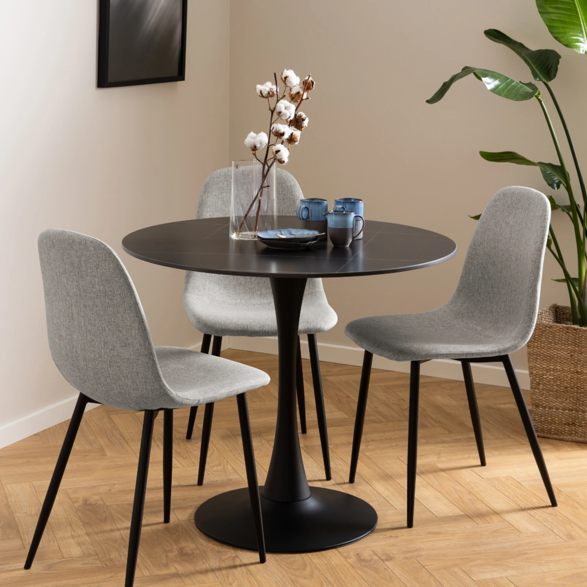 Hjem Design Celia Dining Chair, Light Grey & Black, Set of 4