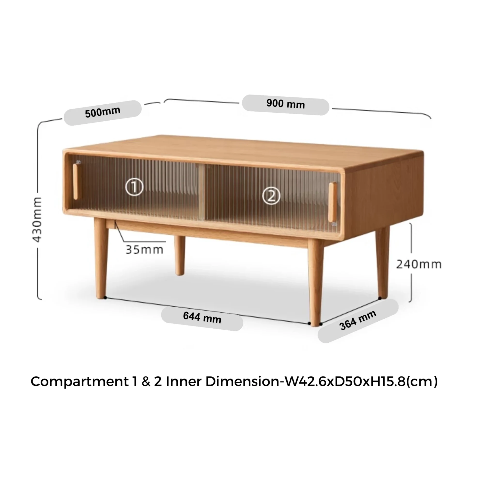 Solidwood Fuji Coffee Table with Glass Doors, 90cm