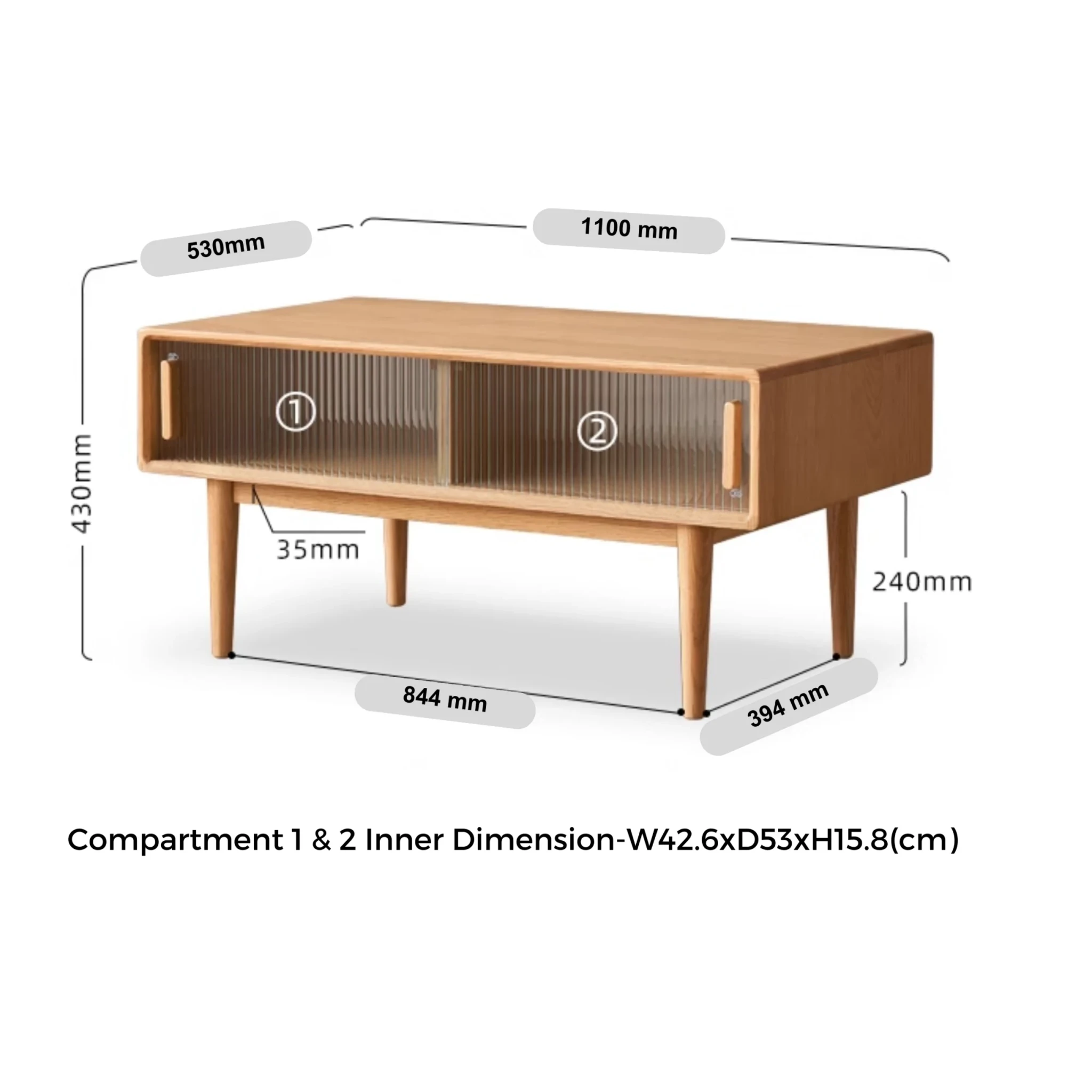 Solidwood Fuji Coffee Table with Glass Doors, 110cm
