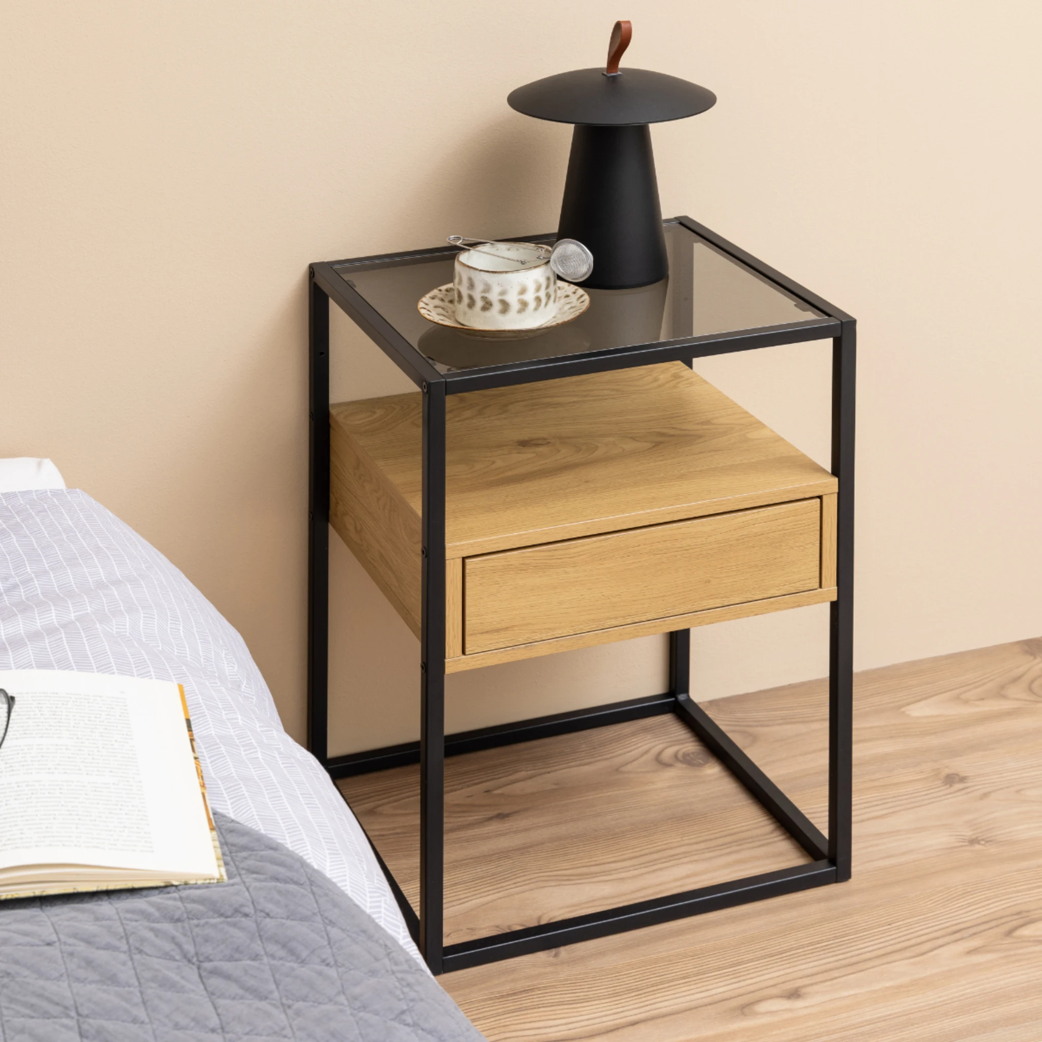 Hjem Design Randolf Bedside Table, Black & Natural Wood