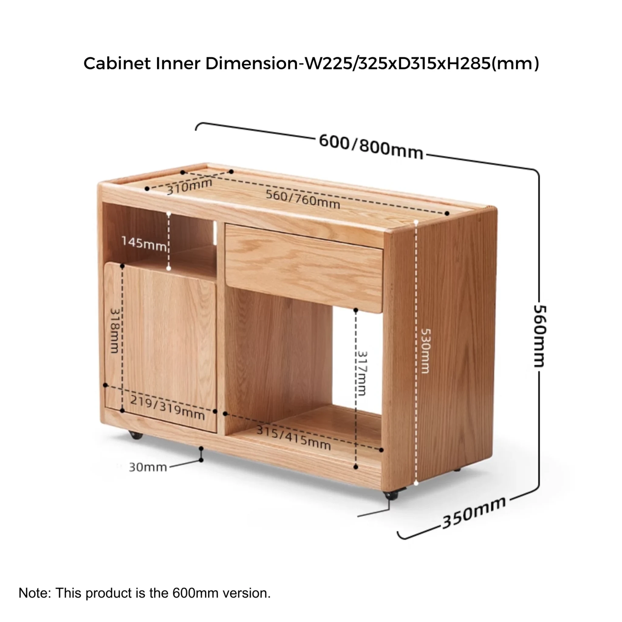 Solidwood Hemura Movable Side Table, 60cm