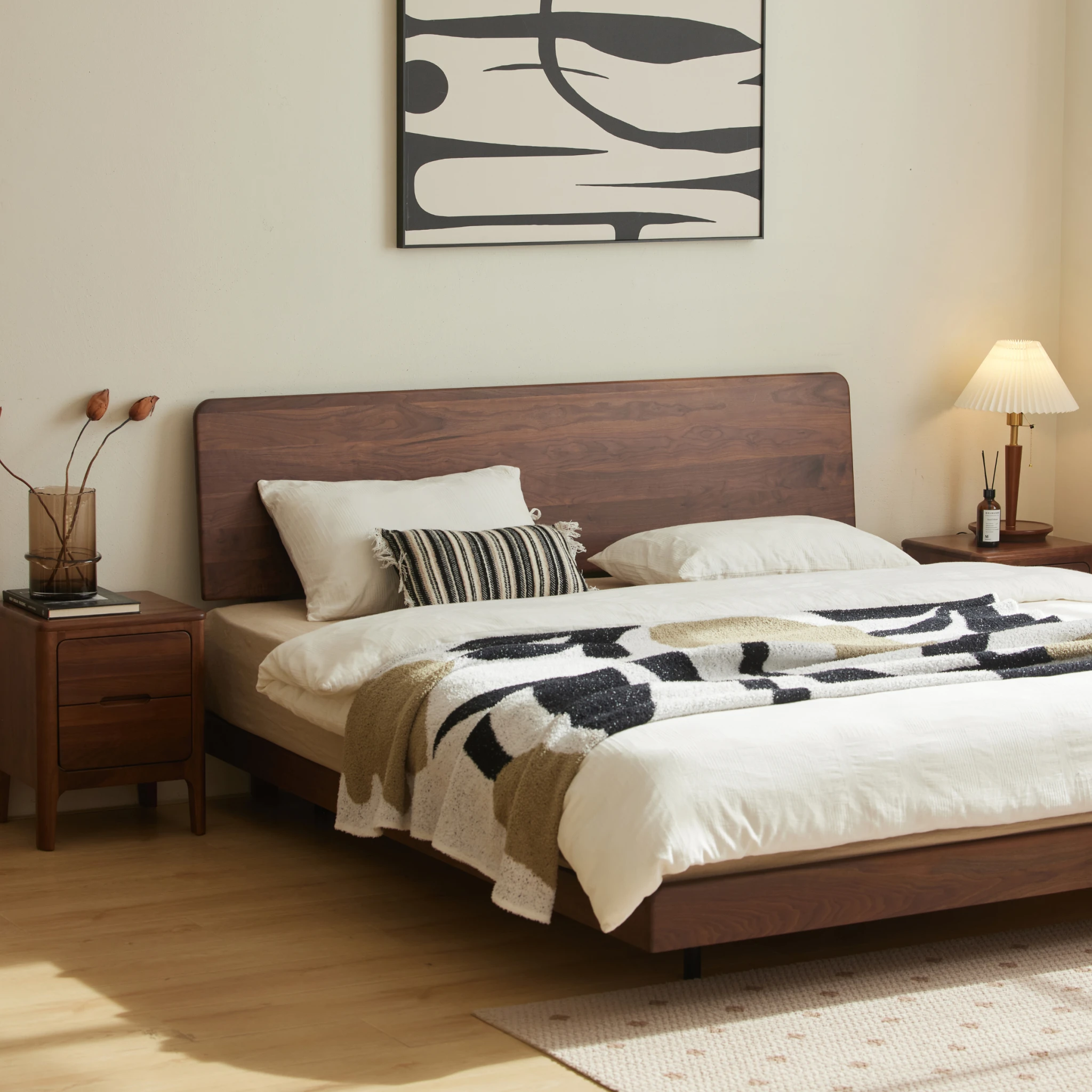 Solidwood Nordin Walnut Global Queen Bed Frame with Adjustable Headboard