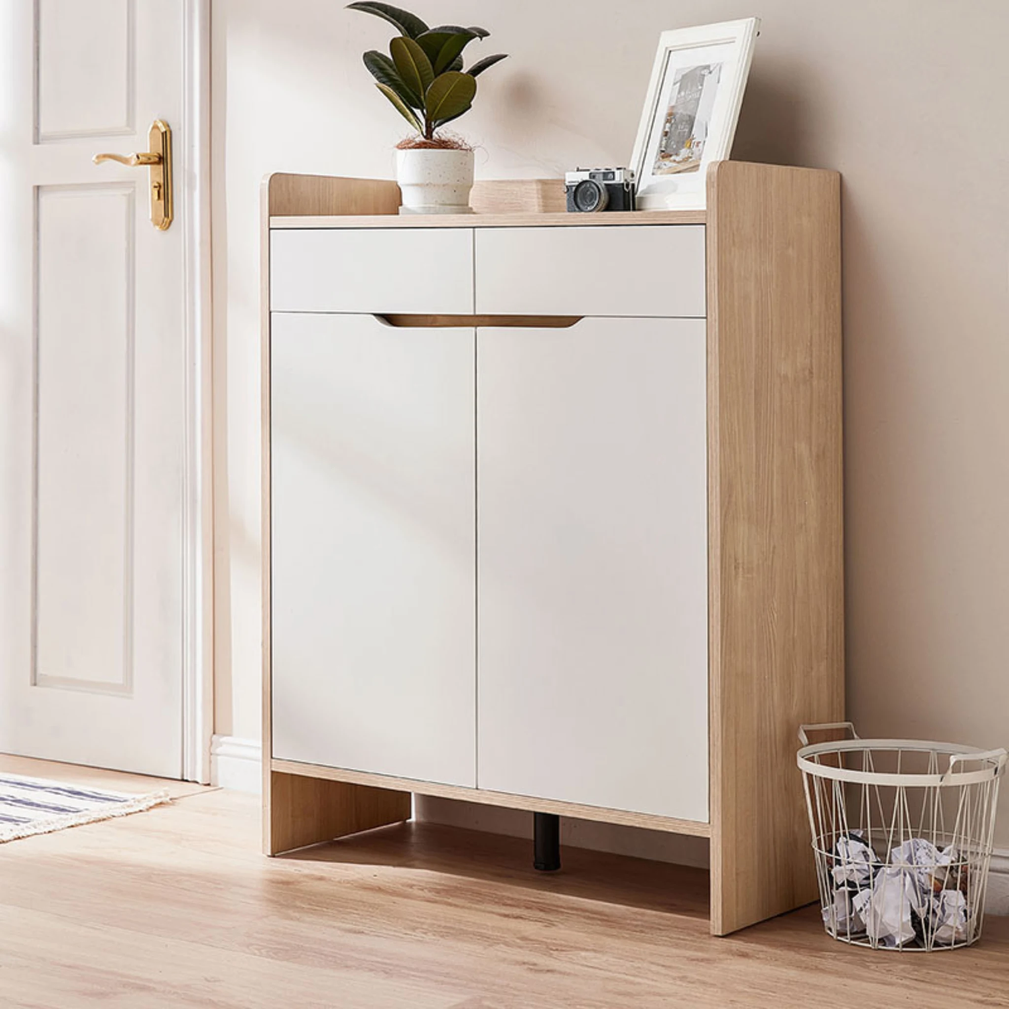Linspire Miro Shoe Cabinet, Large, Natural Wood & White