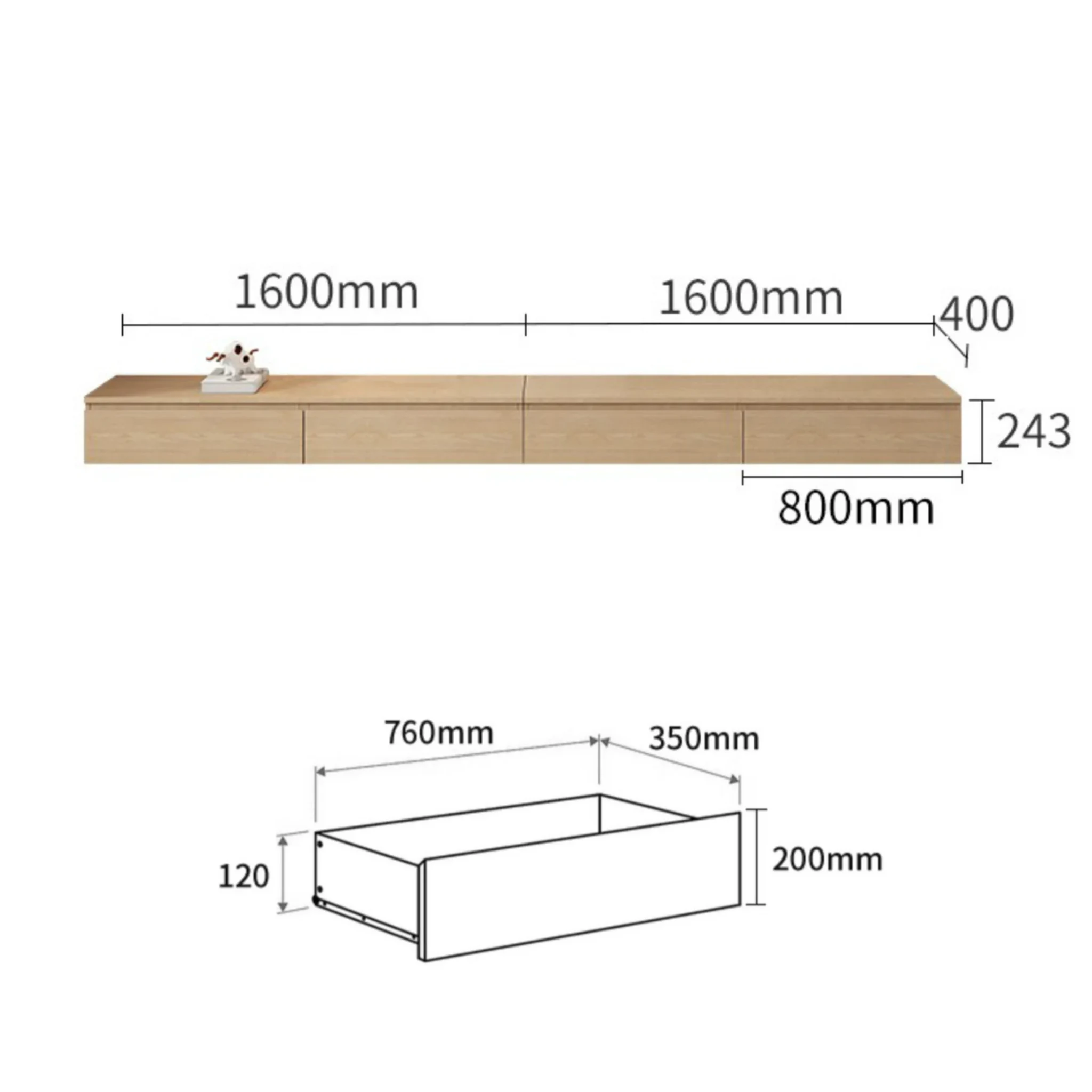 Loft Japandi Floating Entertainment Unit, 320cm, Natural Wood