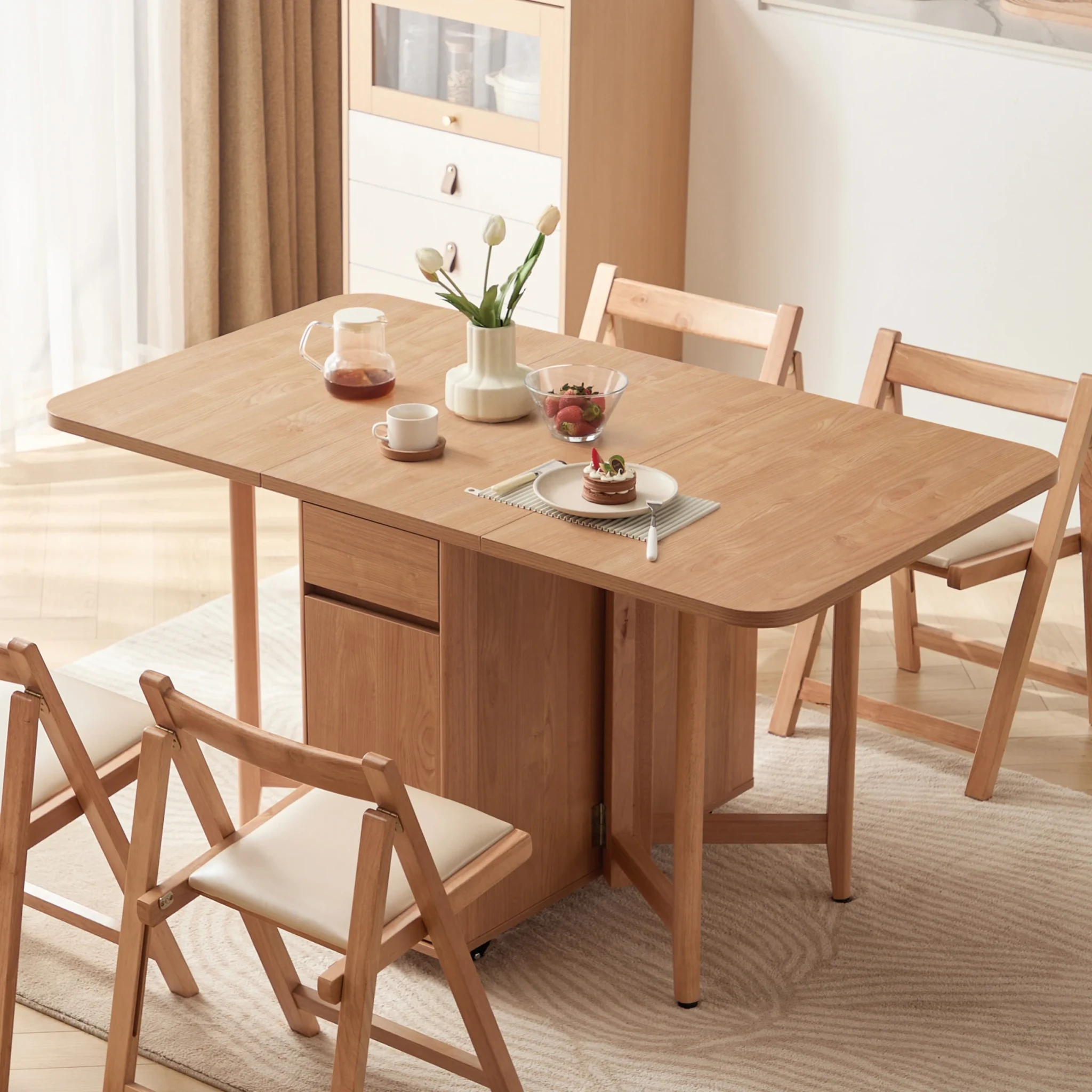 Linspire Yumi Foldable Dining Table & 4 Dining Chairs Set, Natural Wood