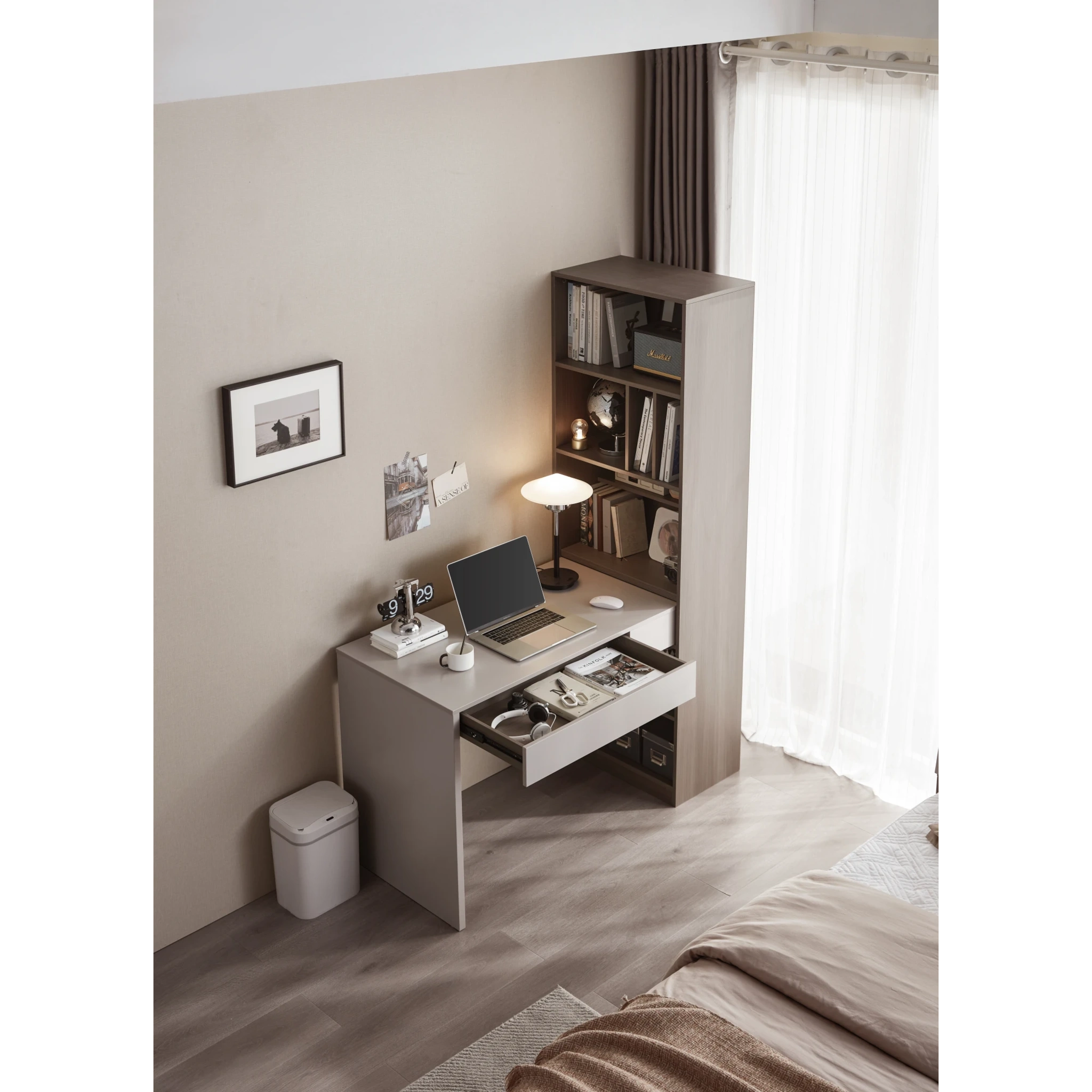 Linspire Rena Desk with Bookcase, Natural Wood & Light Grey