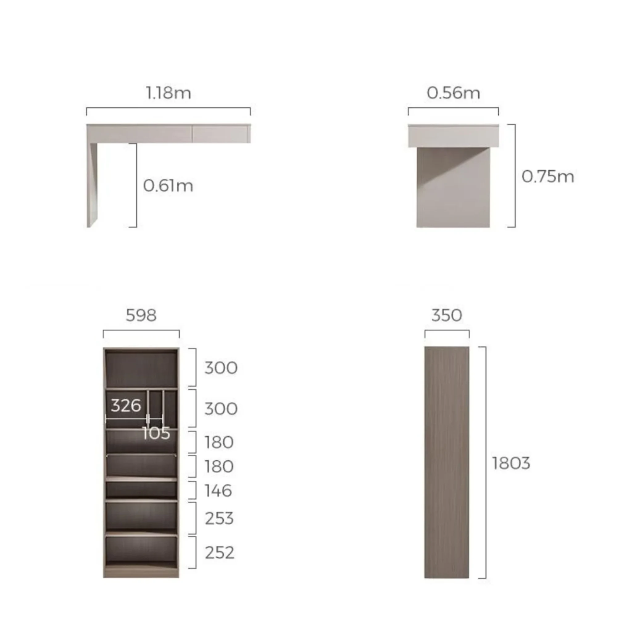 Linspire Rena Desk with Bookcase, Natural Wood & Light Grey