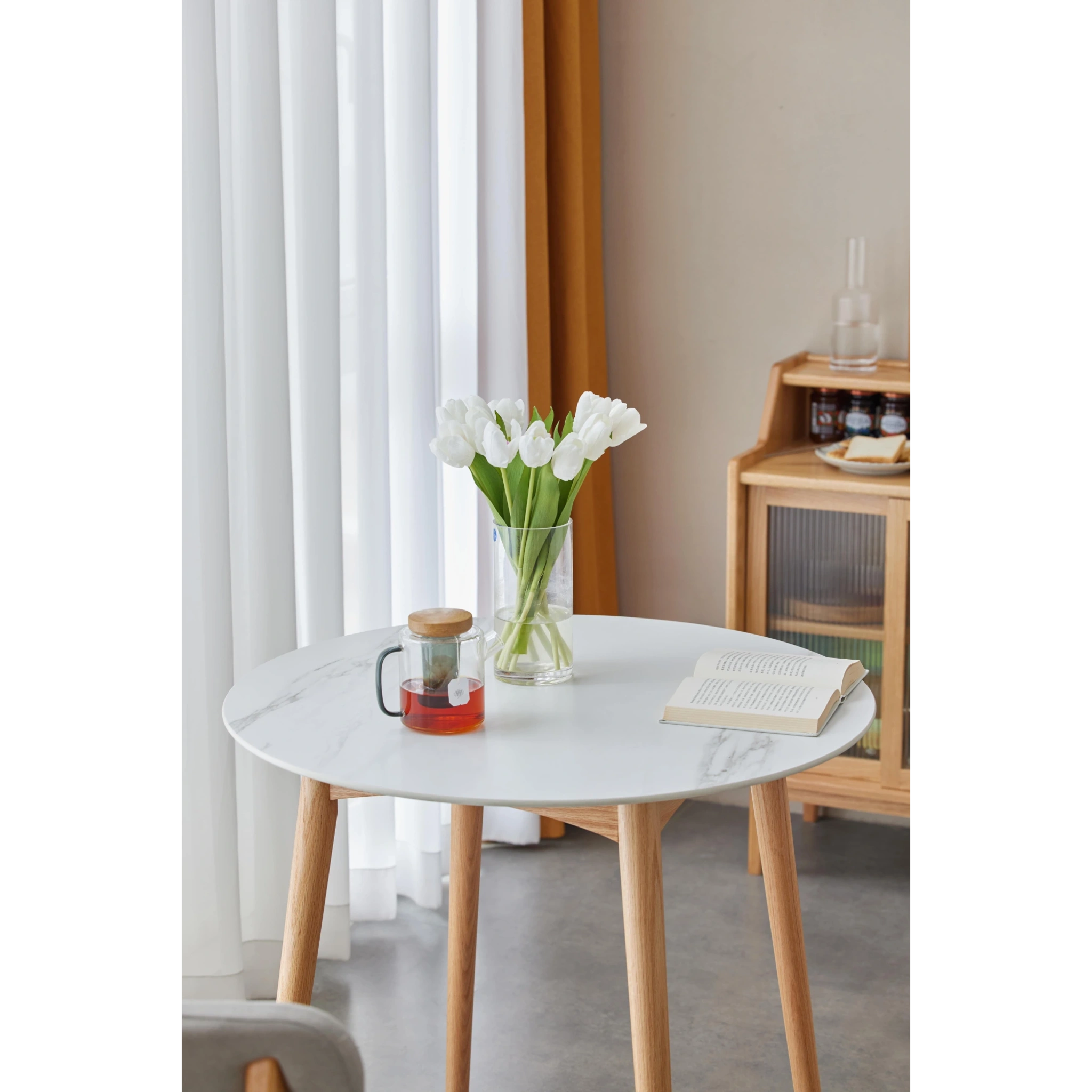 Solidwood Fuji Table, 80x74CM, Faux White Marble & Natural Wood