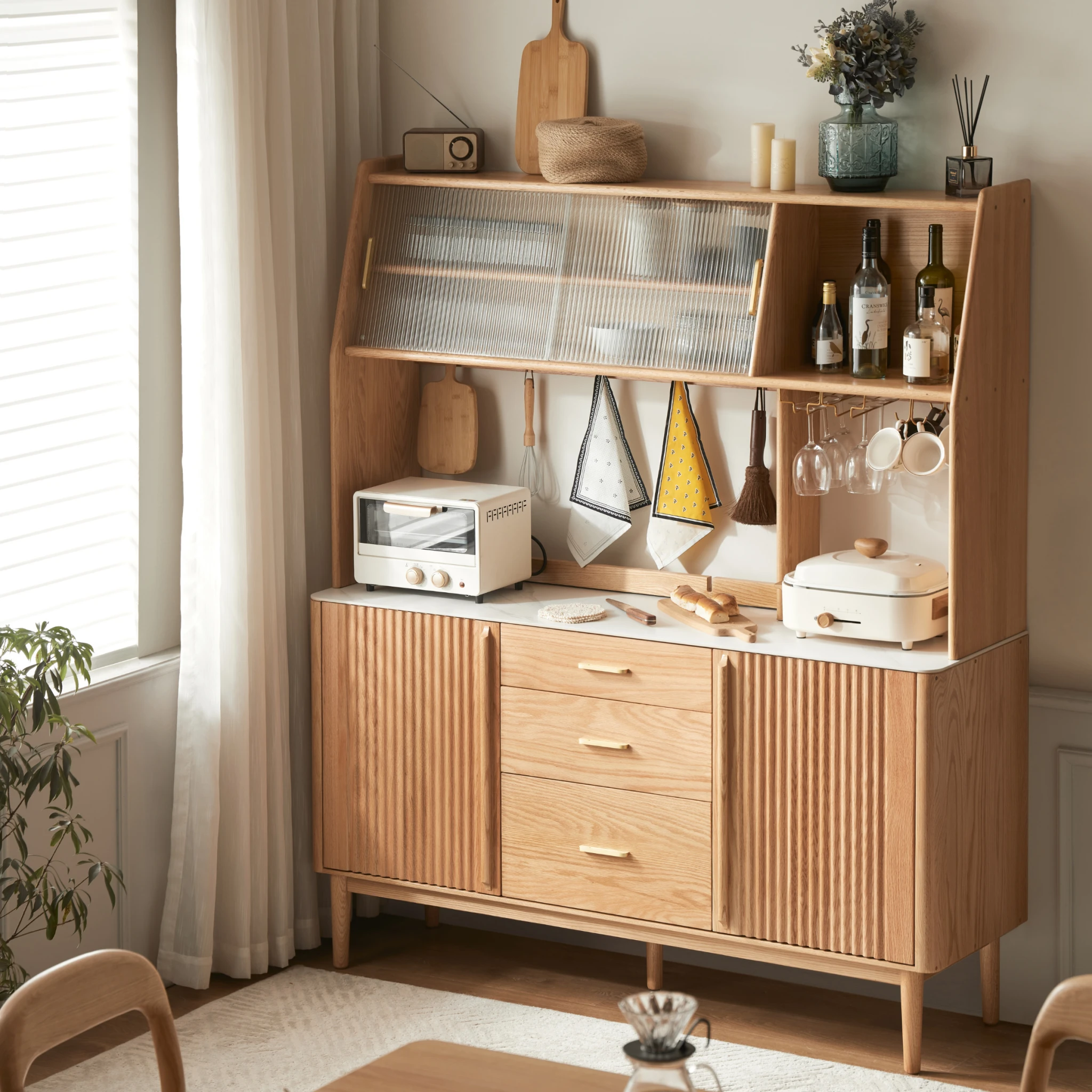 Solidwood Santa Rosa Sideboard with Sintered Stone Top & Hutch, 150x42x172cm, Natural Wood