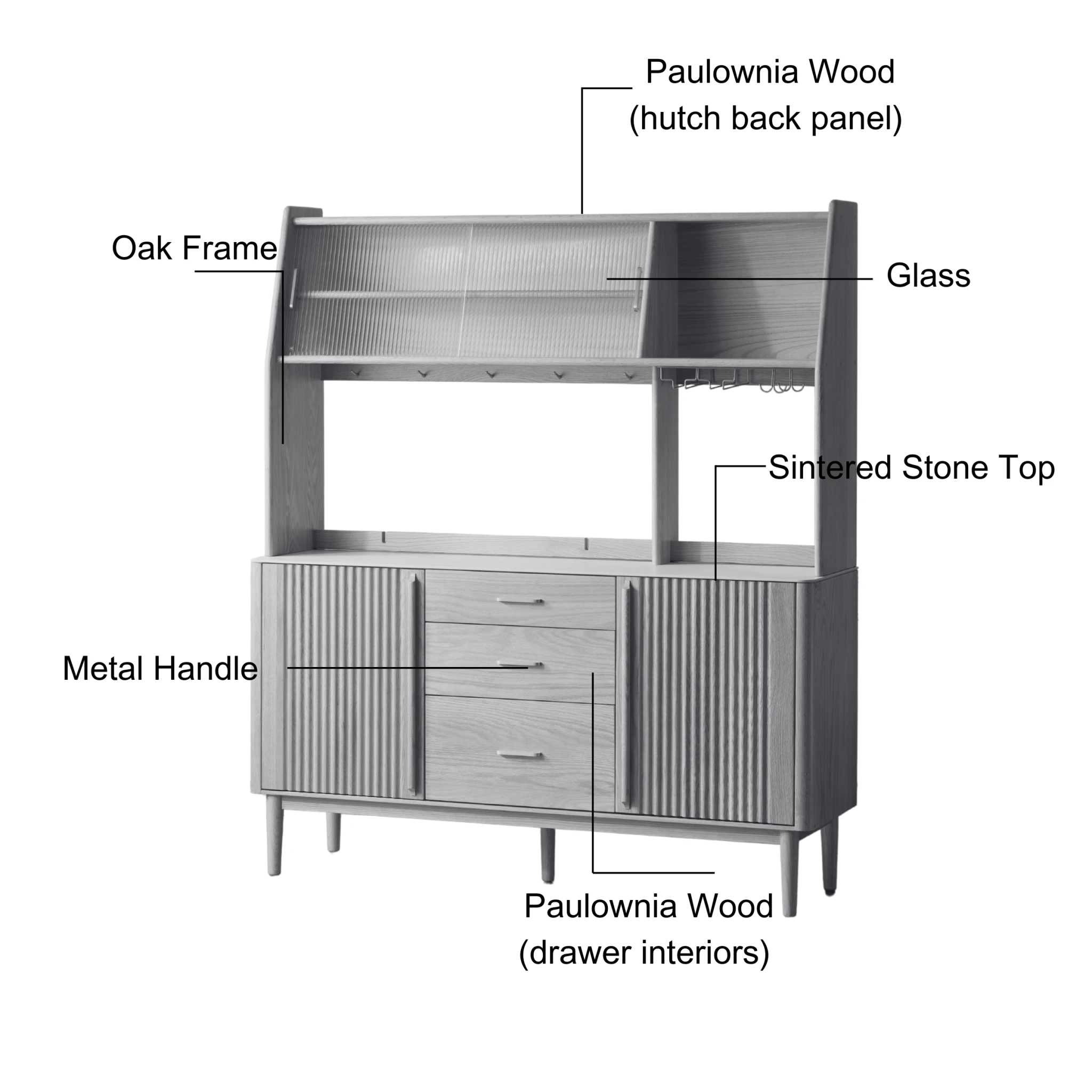Solidwood Santa Rosa Sideboard with Sintered Stone Top & Hutch, 150x42x172cm, Natural Wood