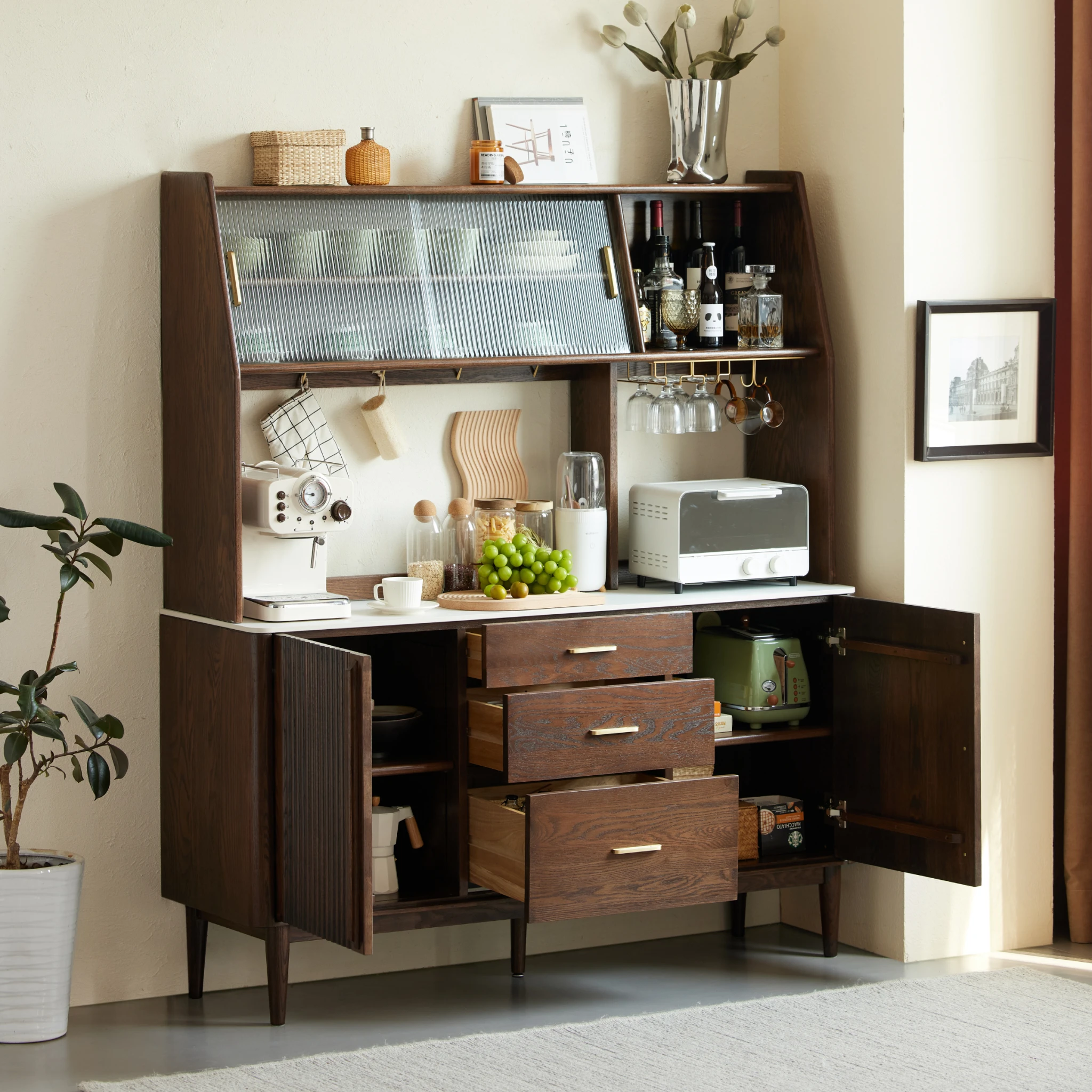 Solidwood Santa Rosa Sideboard with Sintered Stone Top & Hutch, 120x42x172cm, Dark Wood