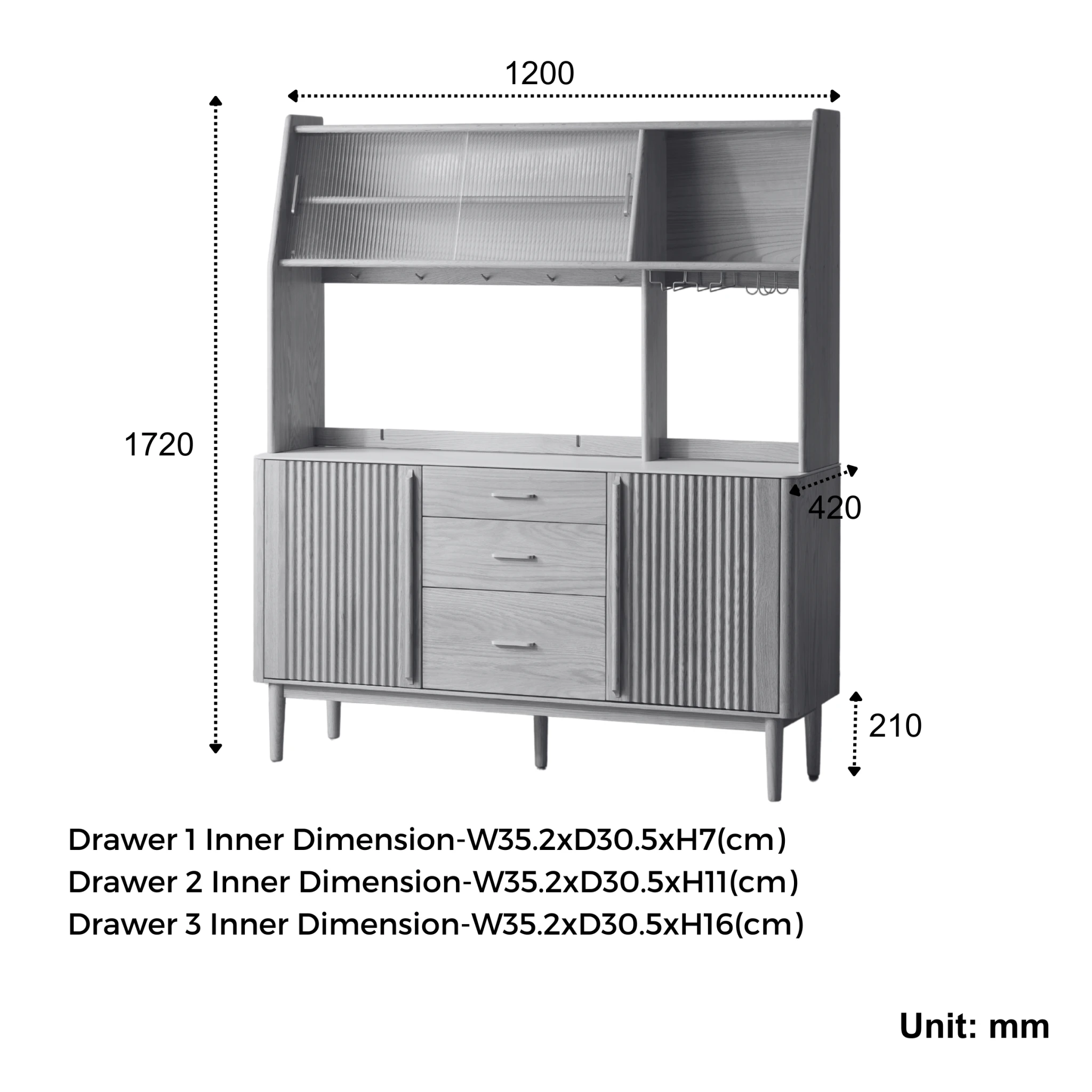 Solidwood Santa Rosa Sideboard with Sintered Stone Top & Hutch, 120x42x172cm, Dark Wood