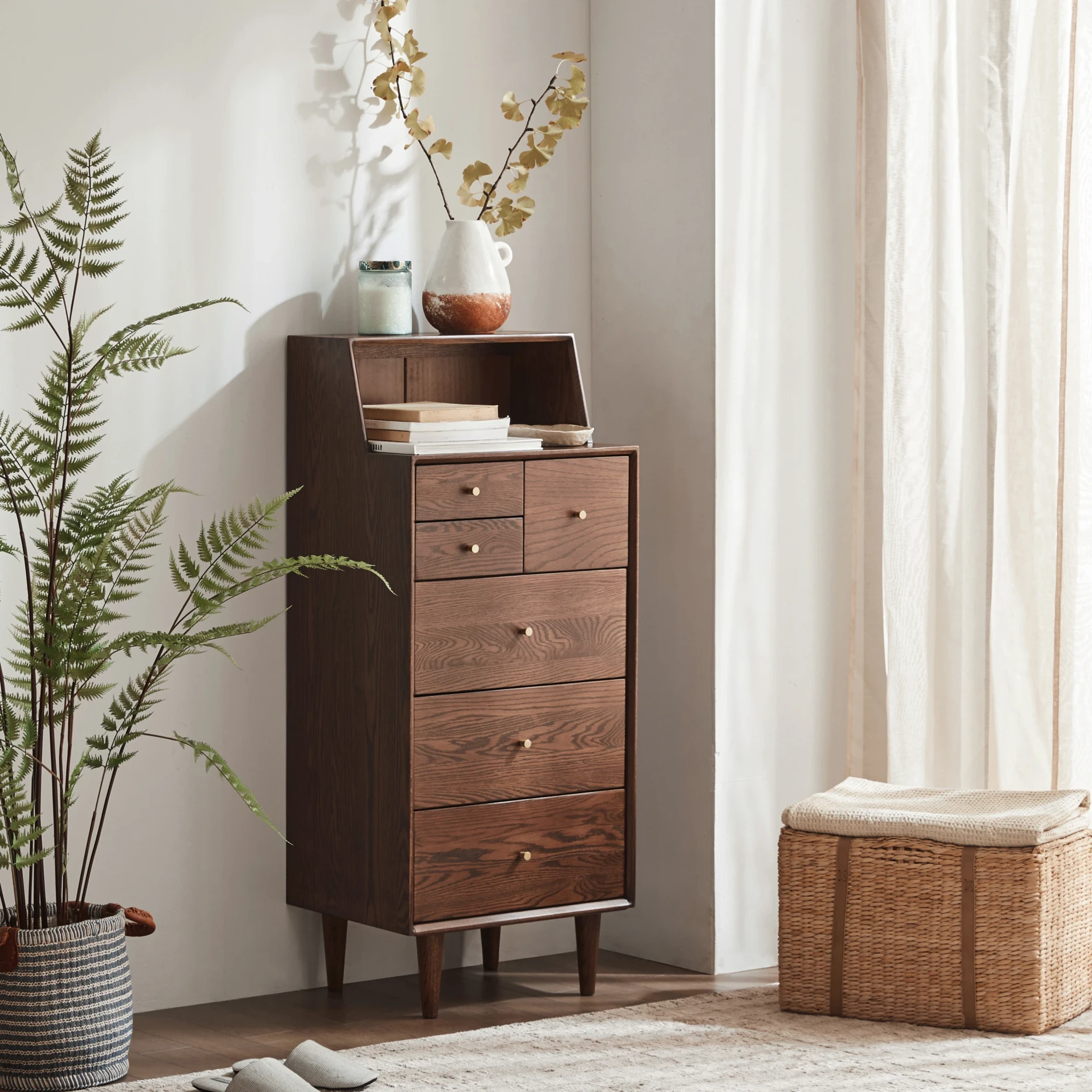 Solidwood Fuji Chest of 6 Drawers, 50x40x120cm, Dark Wood