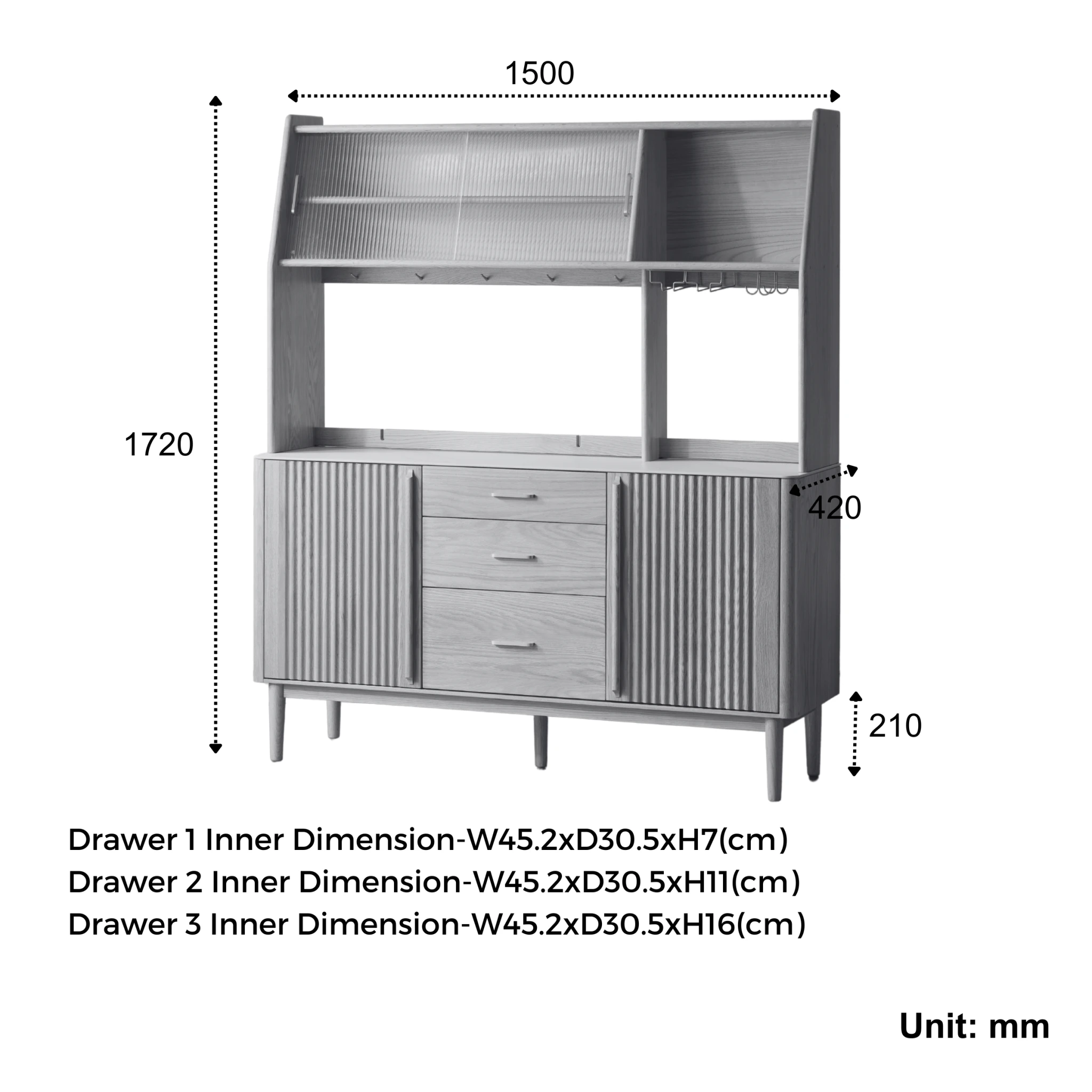 Solidwood Santa Rosa Sideboard with Sintered Stone Top & Hutch, 150x42x172cm, Dark Wood