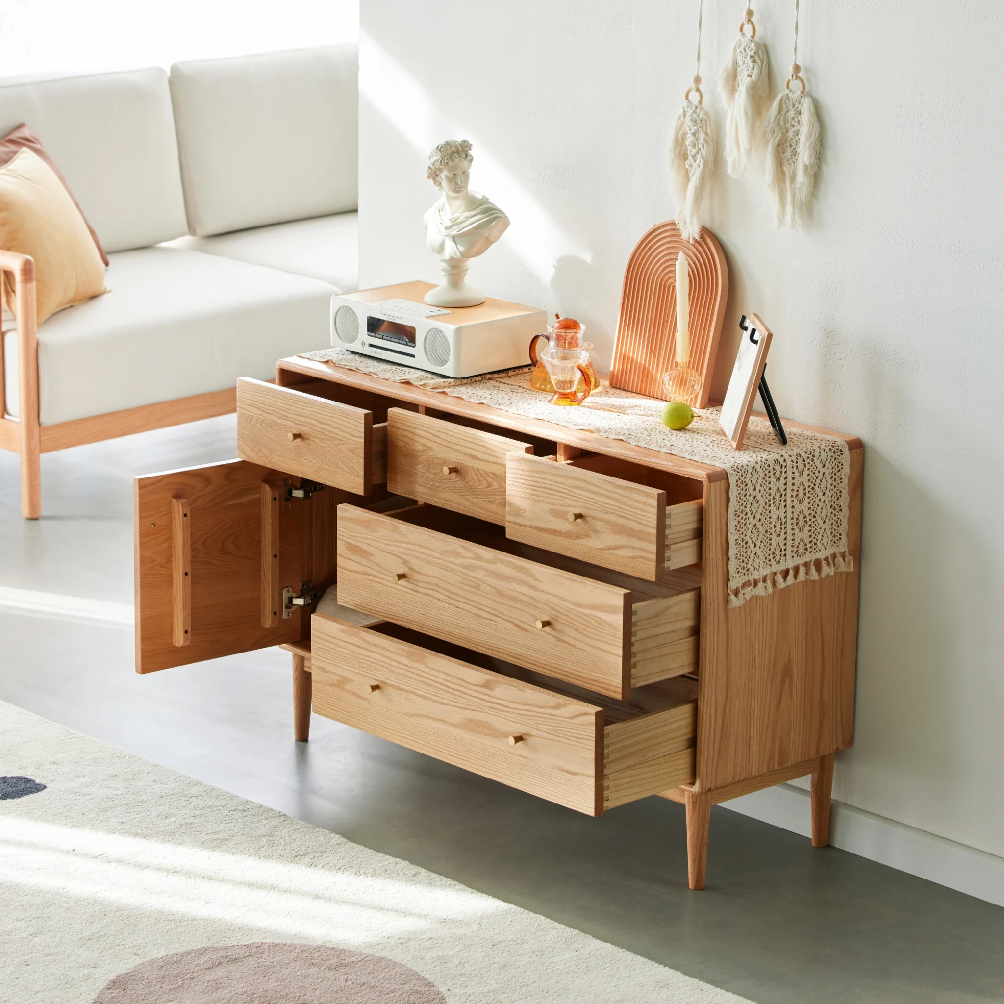 Solidwood Fuji Chest of 6 Drawers, 112x38x74cm, Natural Wood