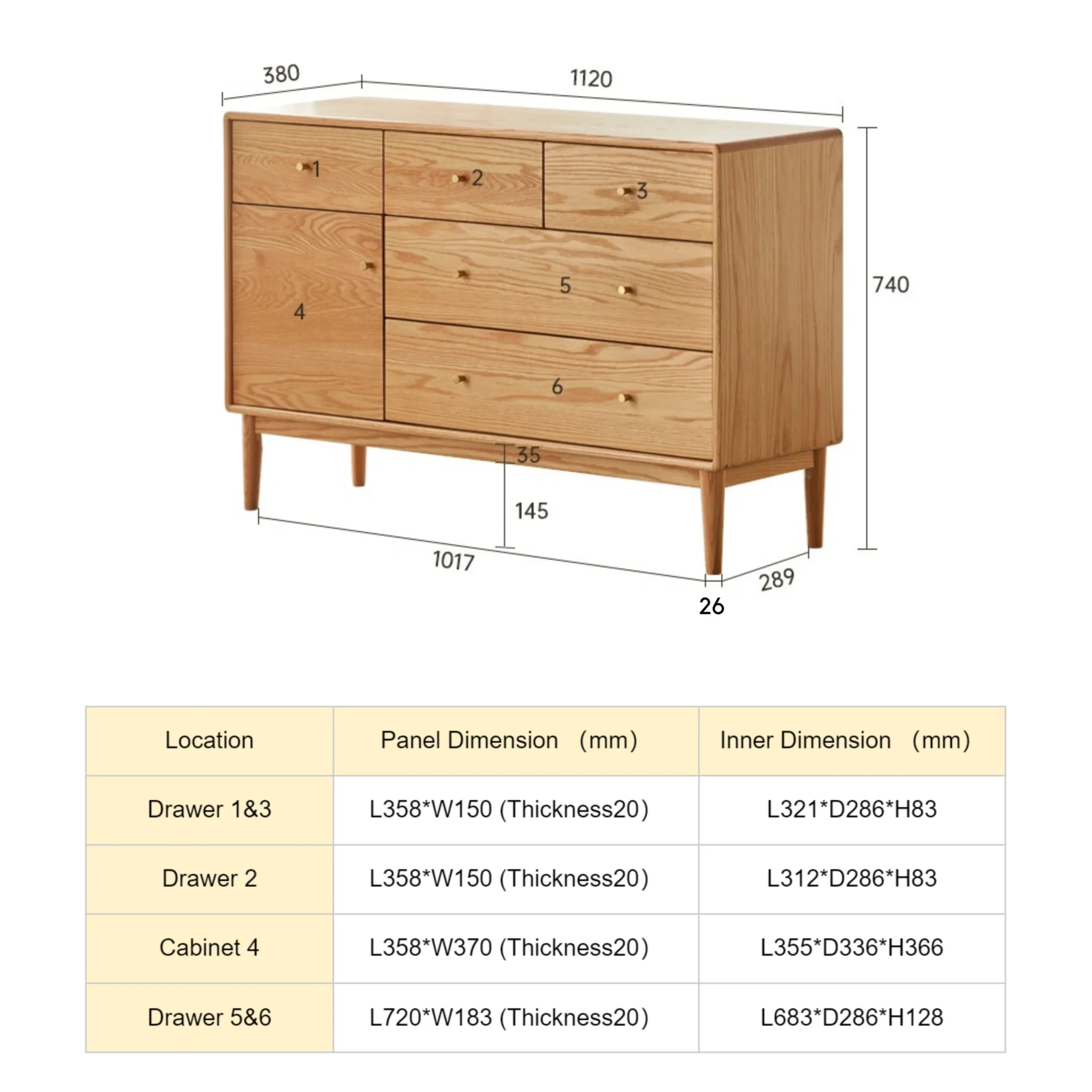 Solidwood Fuji Chest of 6 Drawers, 112x38x74cm, Natural Wood