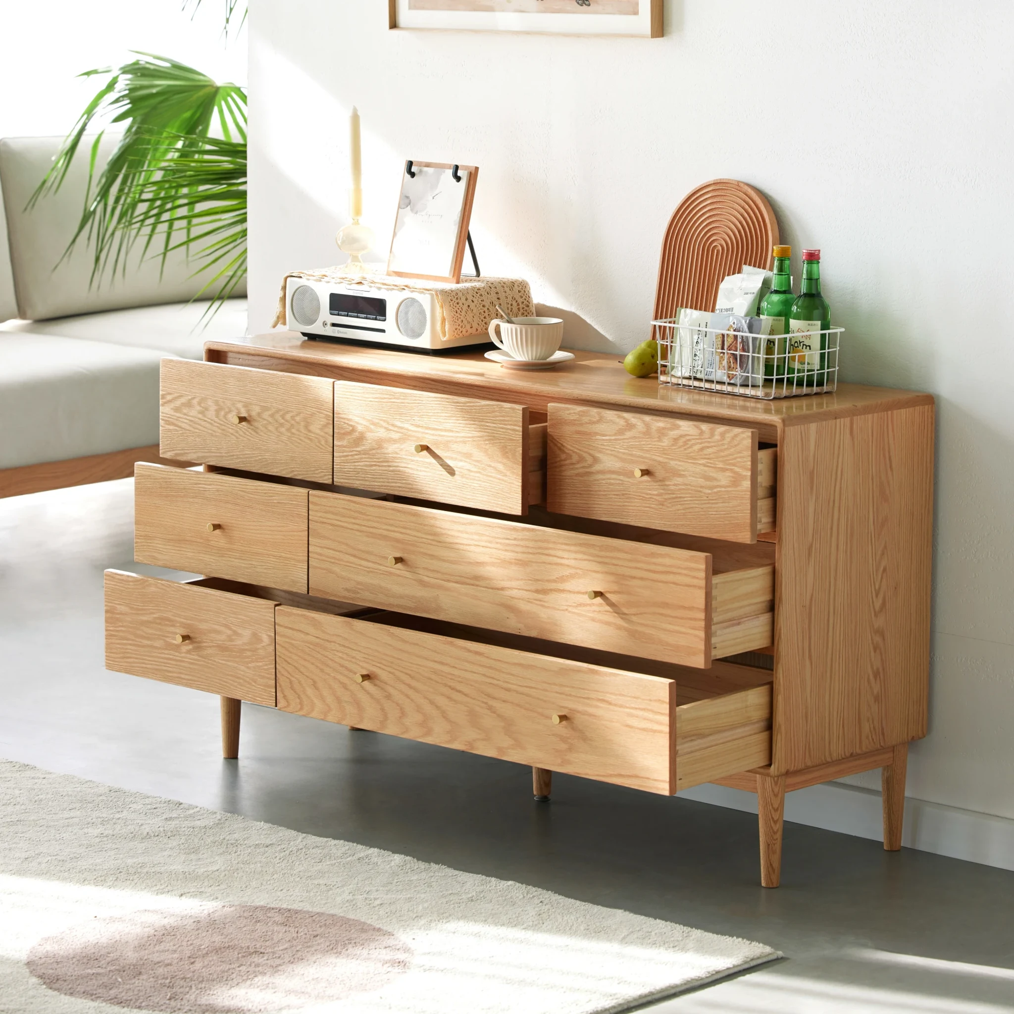 Solidwood Fuji Chest of 7 Drawers, 130x38x74cm, Natural Wood