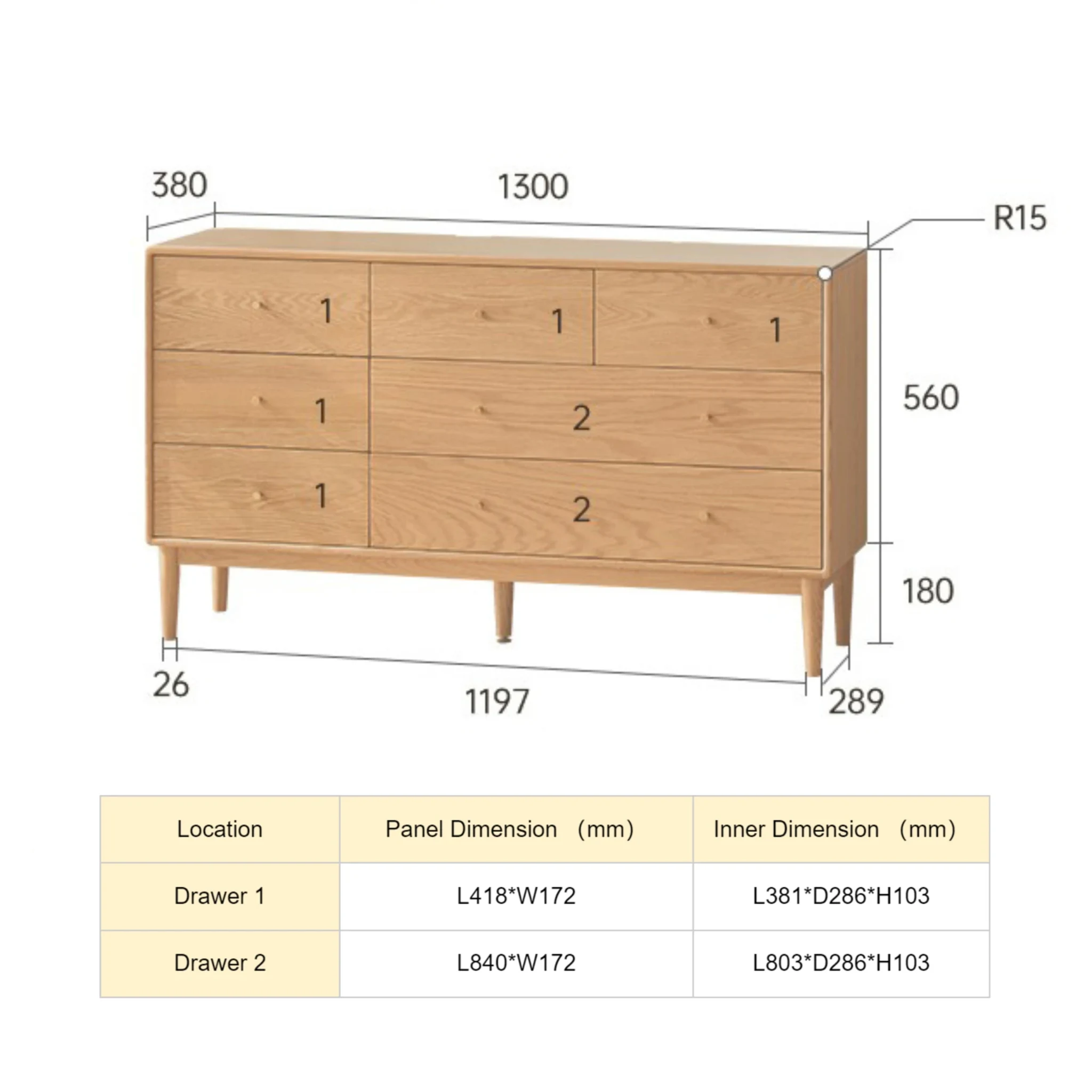 Solidwood Fuji Chest of 7 Drawers, 130x38x74cm, Natural Wood