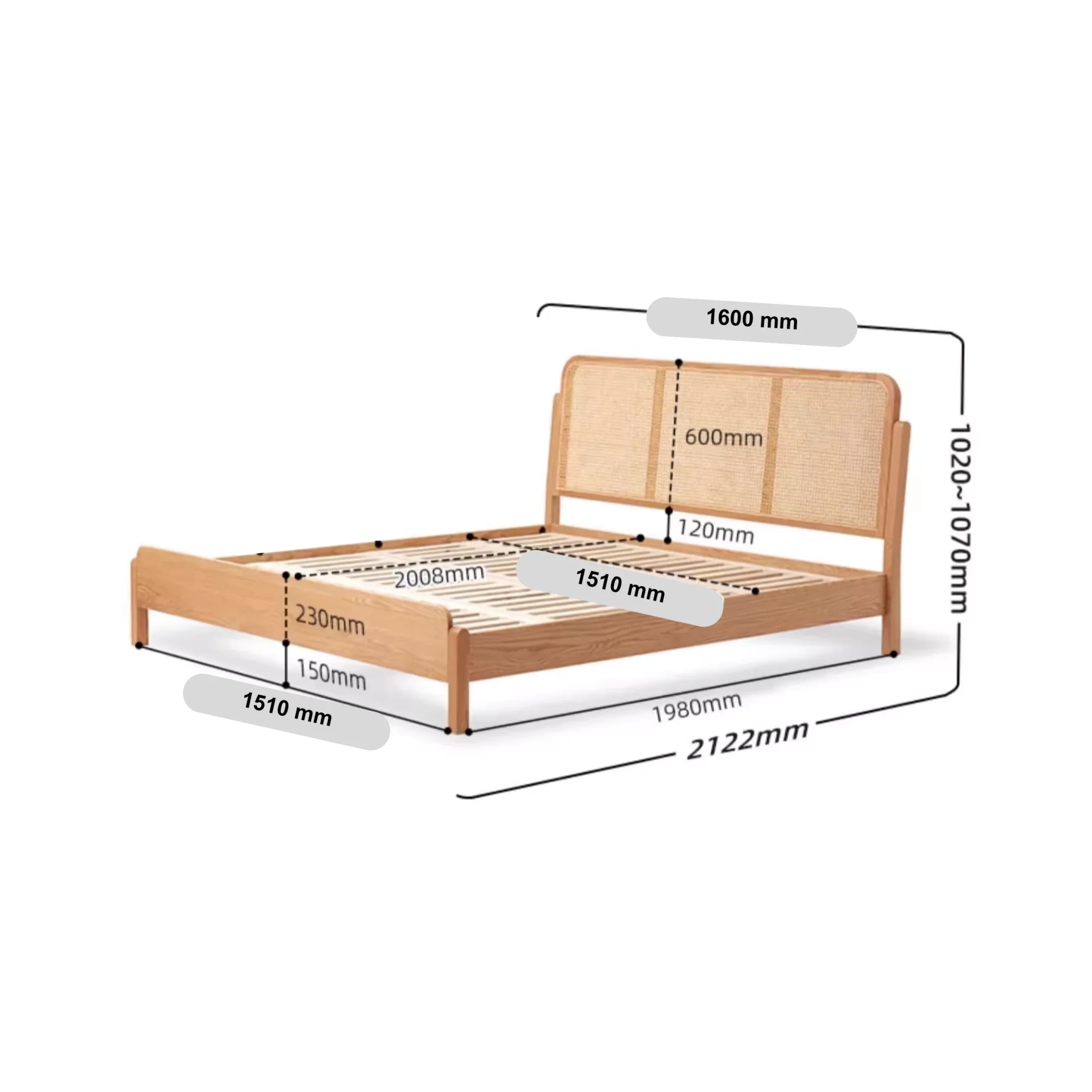 Solidwood Wenrik Global Queen Bed Frame with Adjustable Rattan Headboard