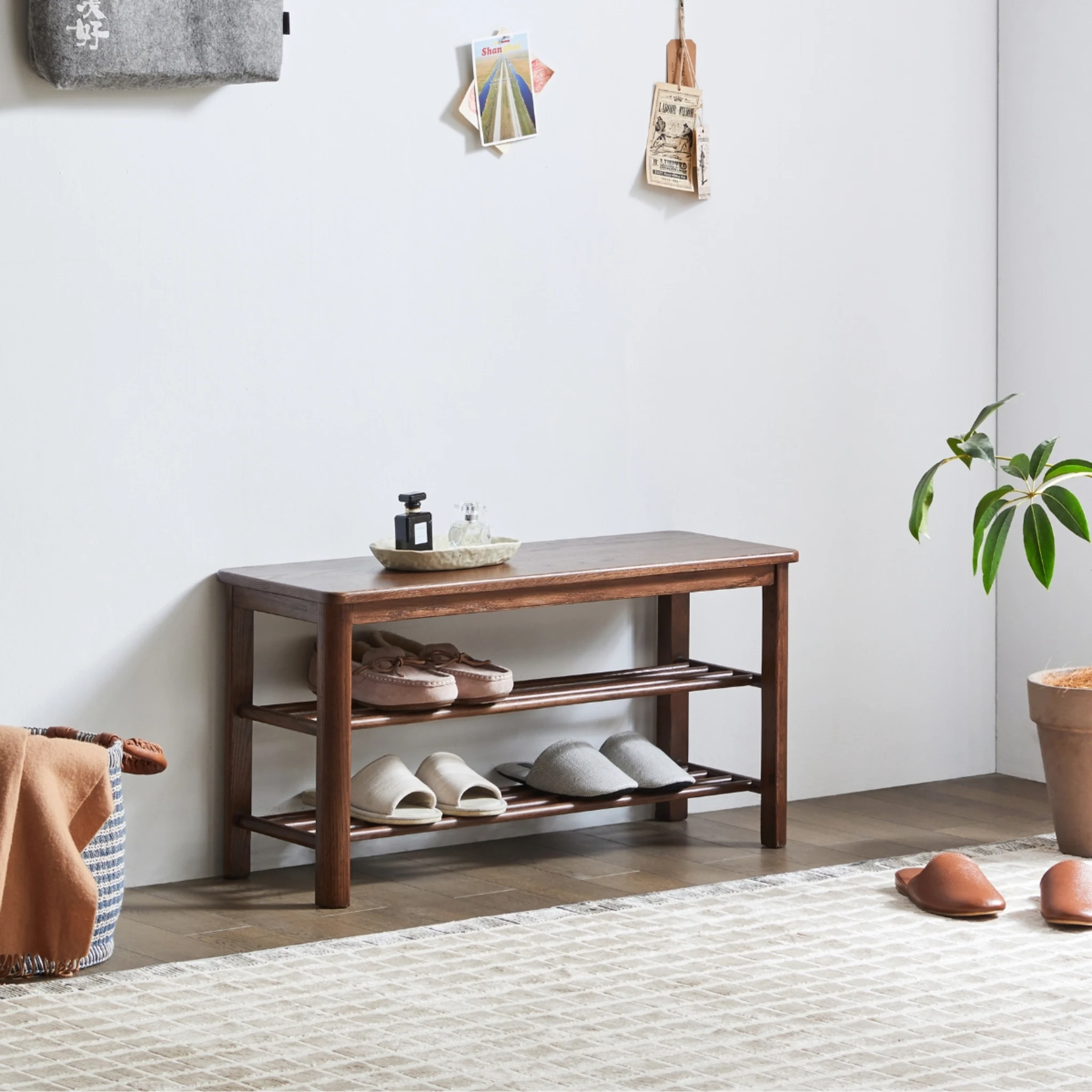 Solidwood Fuji Shoe Bench, 80x30x42cm, Dark Wood