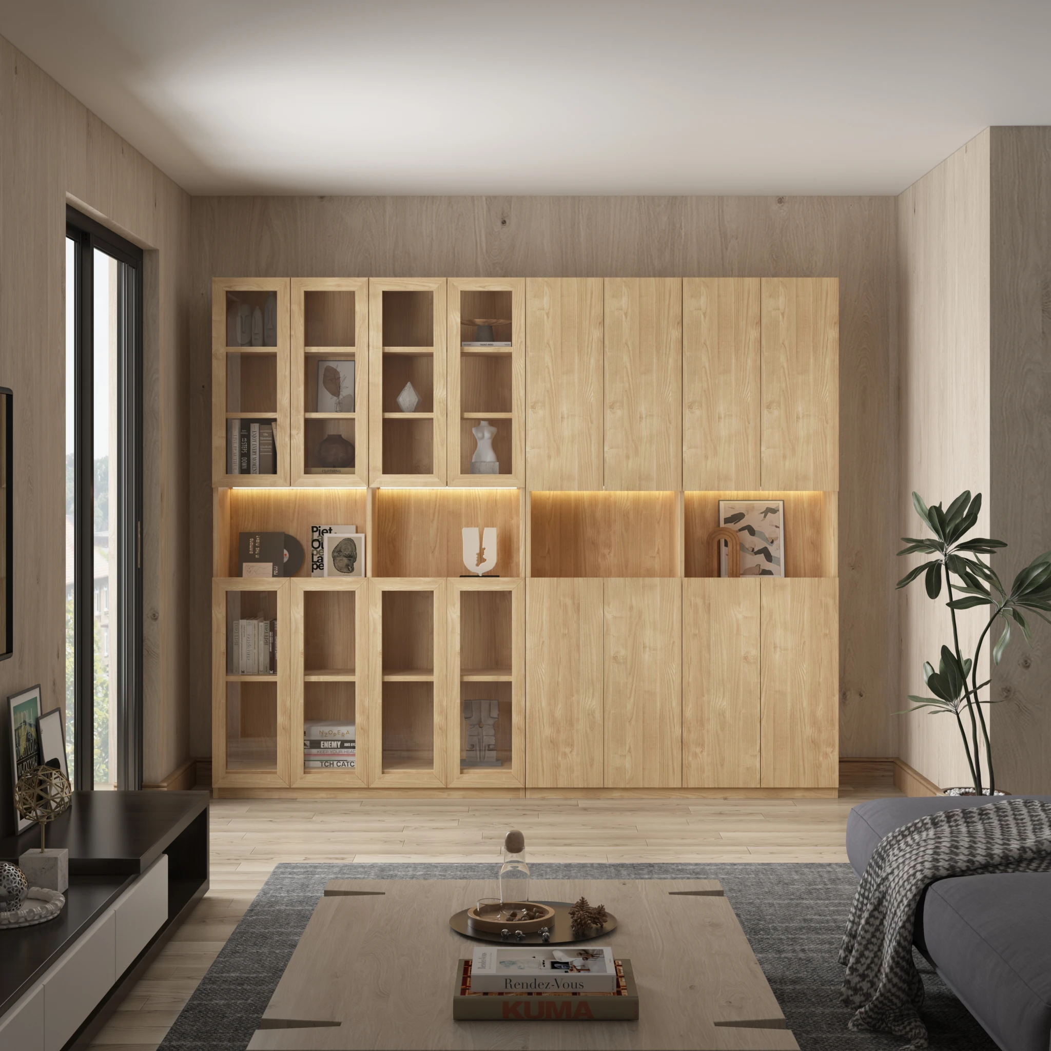 Loft Kiri Bookcase with 8 Doors, 120cm, Natural Wood