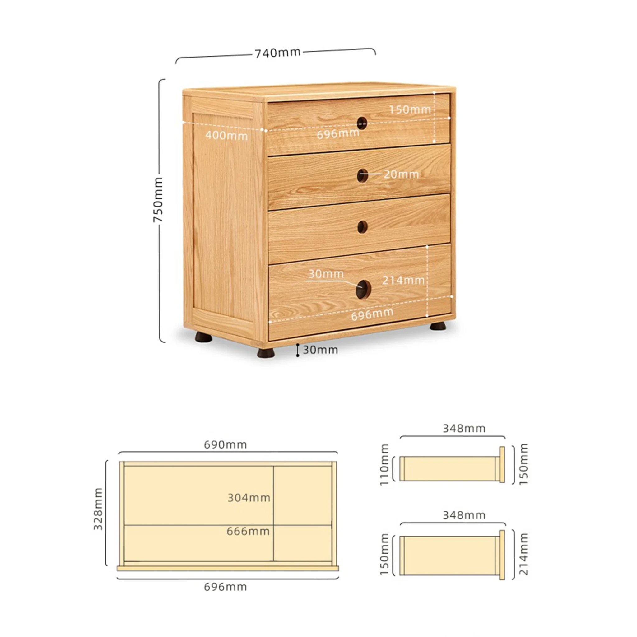 Solidwood Gleam Kids Combo Storage Chest of 4 drawers, 74x40x75cm, Natural Wood