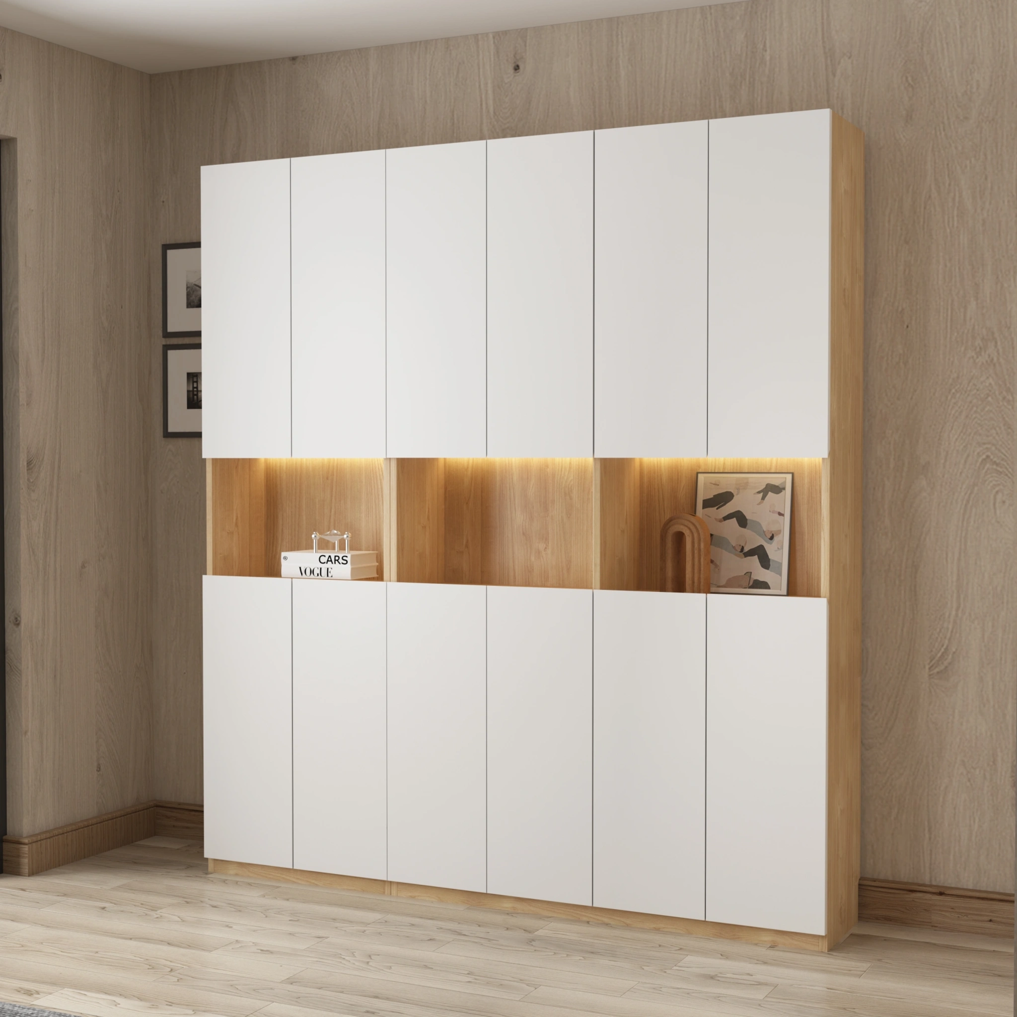 Loft Kiri Bookcase with 8 Doors, 120cm, White & Natural Wood