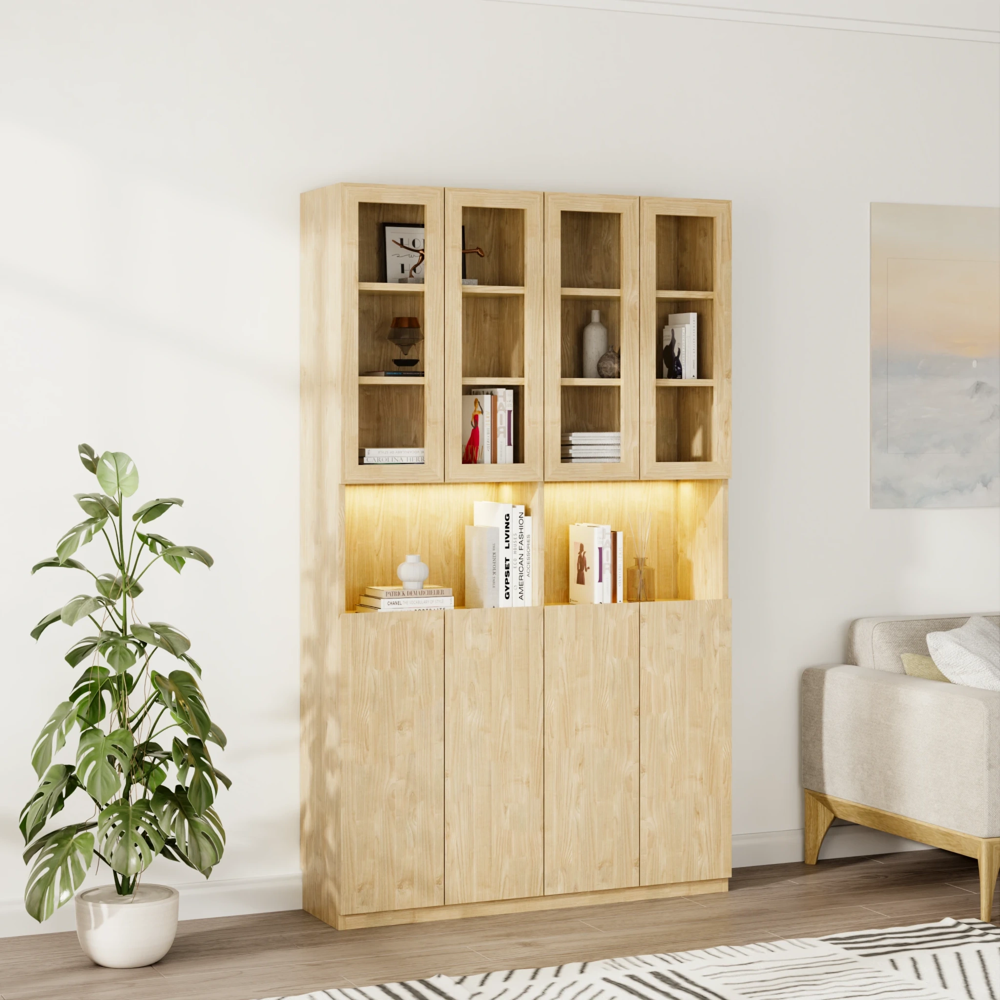 Loft Kiri Bookcase with 8 Panel/Glass Doors, 120cm, Natural Wood