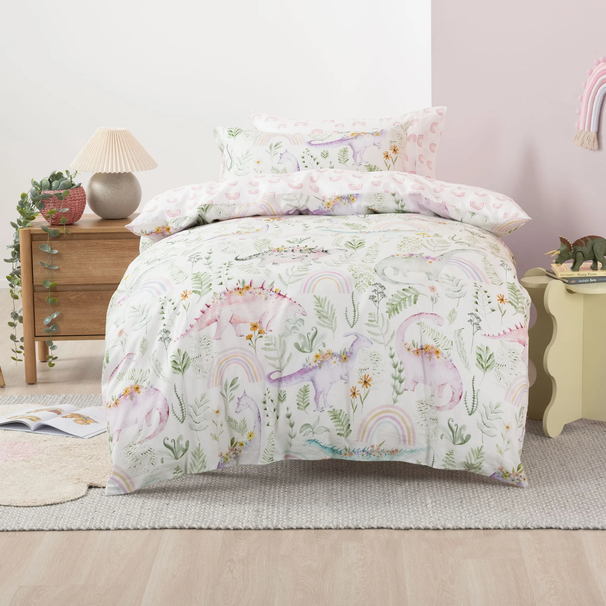 SQUIGGLES Dino Garden Duvet Cover Set, Cream, NZ Double