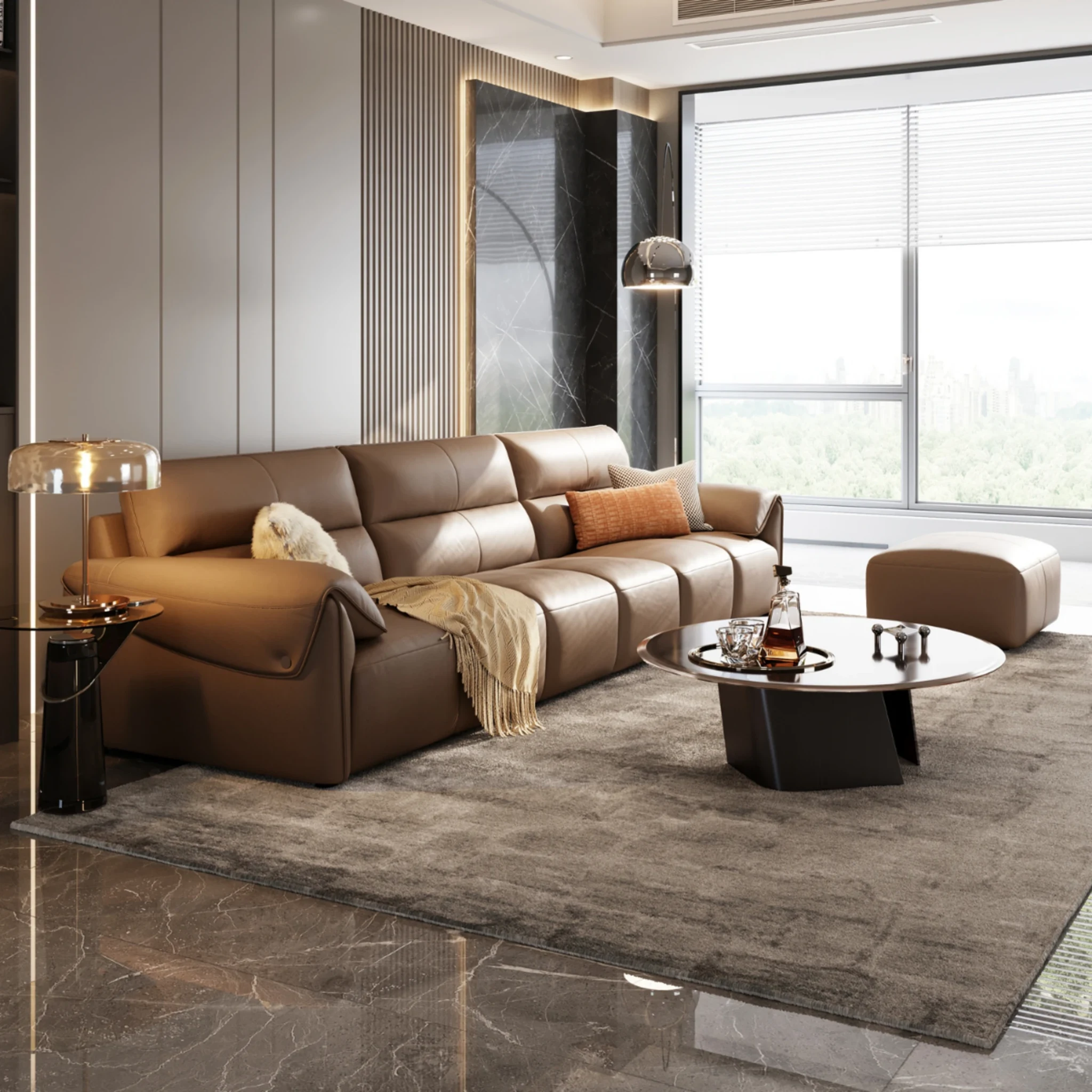 Linspire Plume Leather 5-Seater Sofa, Caramel